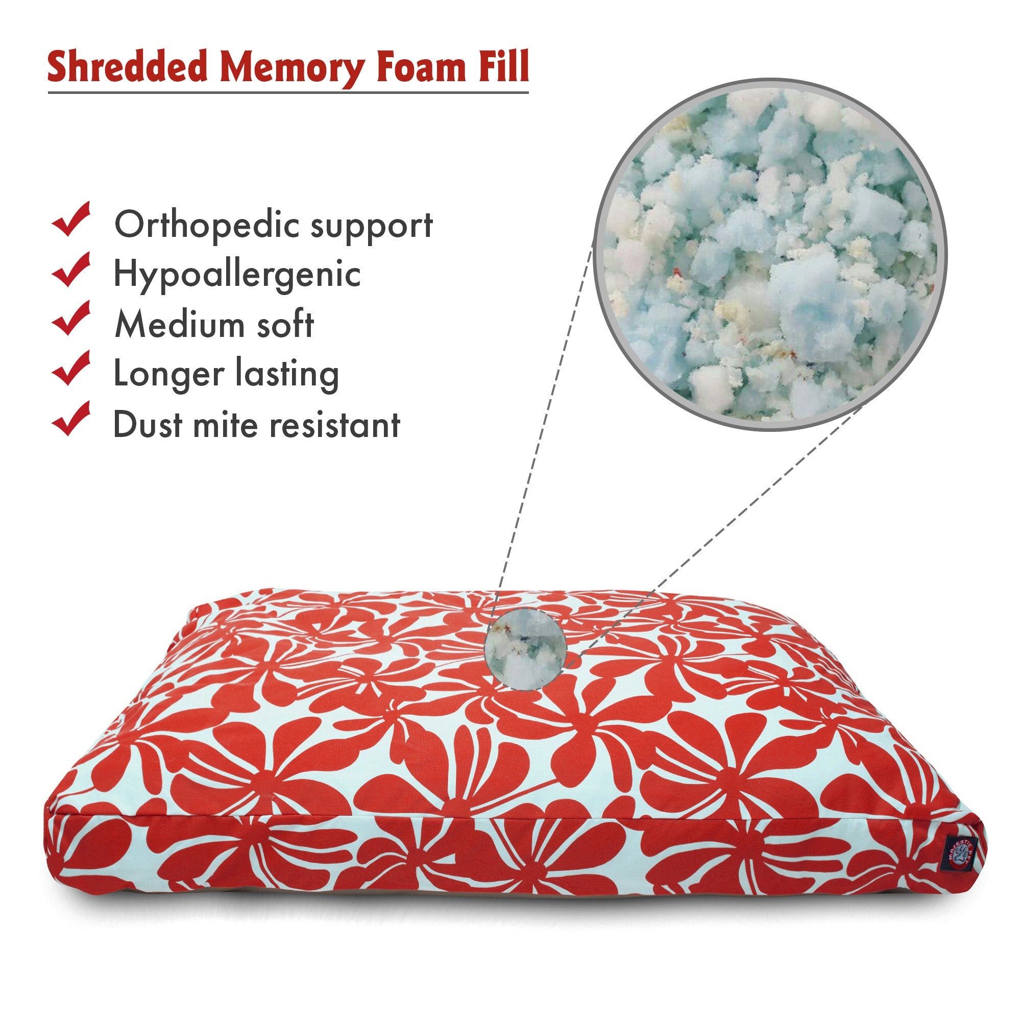 Majestic Pet | Plantation Shredded Memory Foam Rectangle Pet Bed For Dogs， Removable Cover， Red， Medium