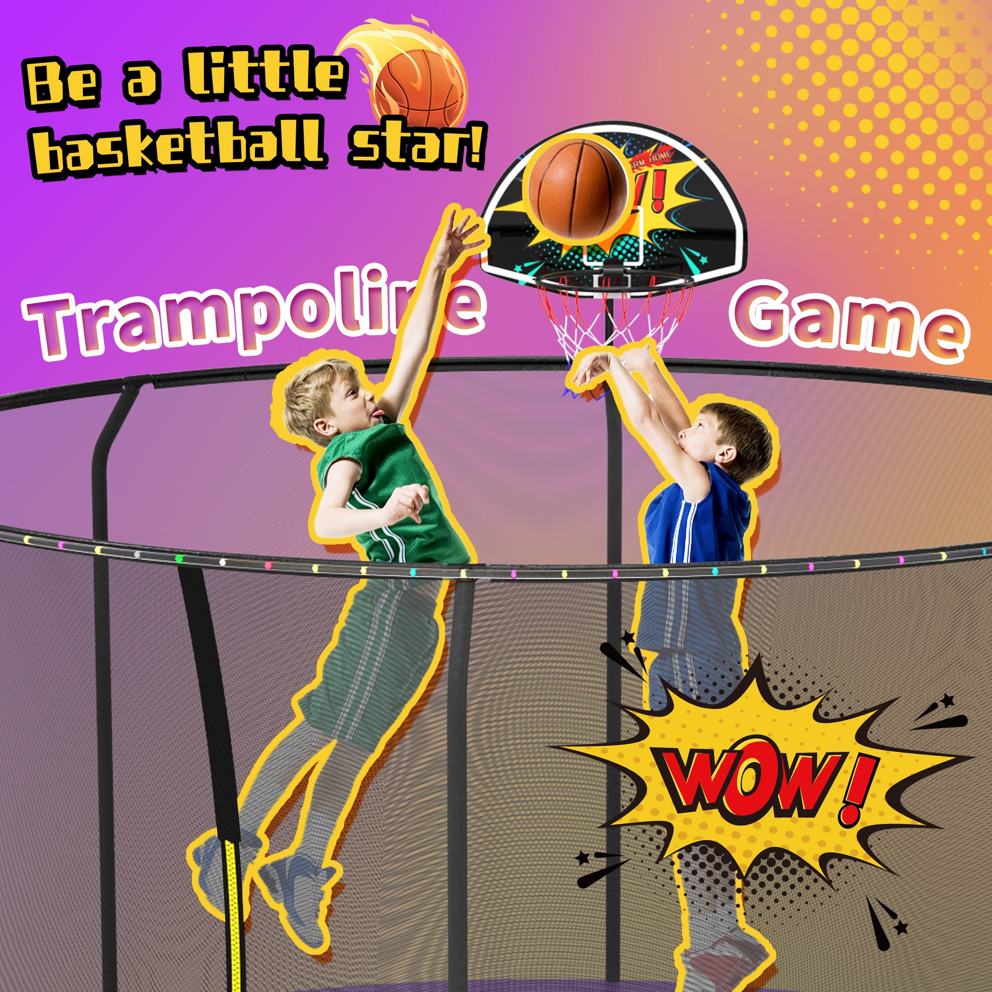 ACWARM HOME 14FT Purple Outdoor Trampoline with Basketball Hoop