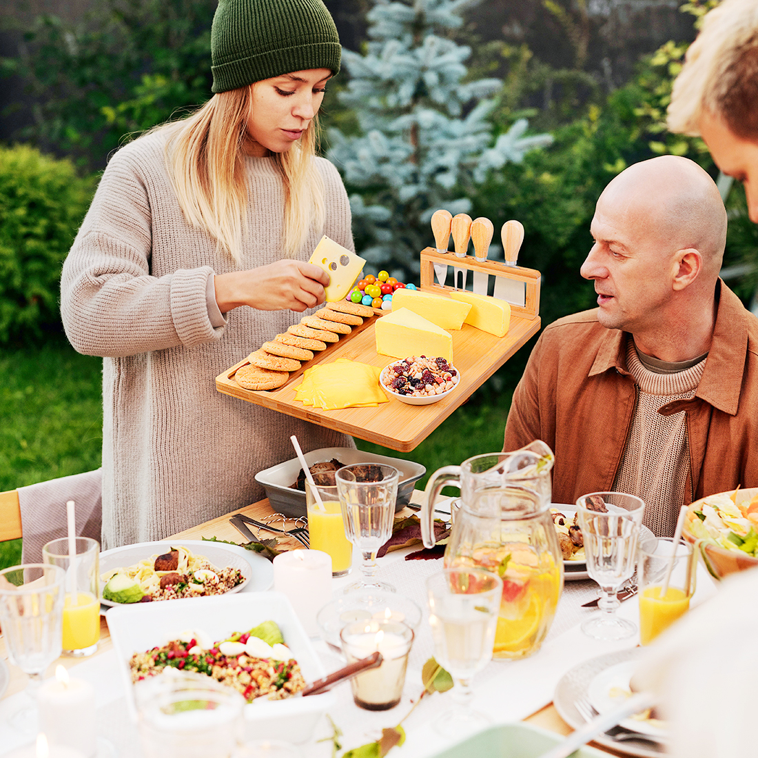 TOPNEW Bamboo Cheese Board and Knife Set Charcuterie Platter Serving Tray Set with 4 Knives 8 Forks 2 Seasoning Bowls 20 Cheese Labels Gift  for Housewarming Wedding Birthday