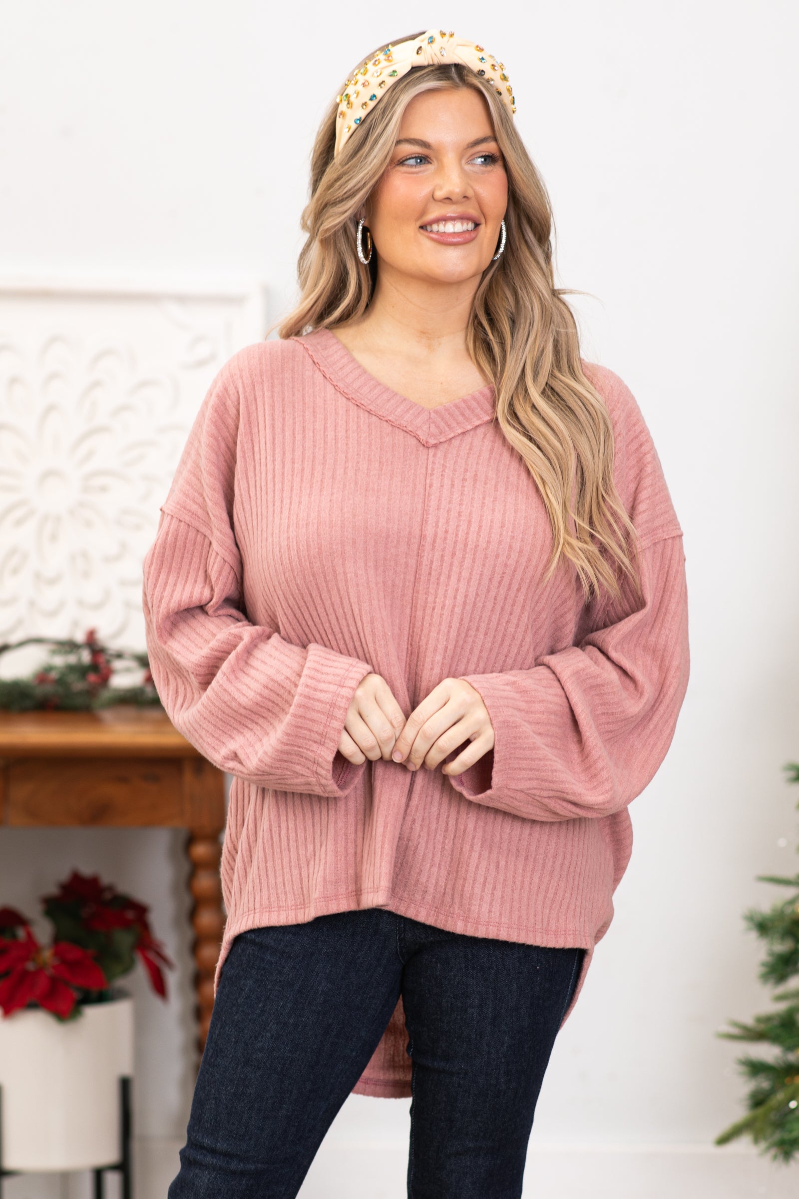 Dusty Rose V-Neck Dolman Sleeve Top