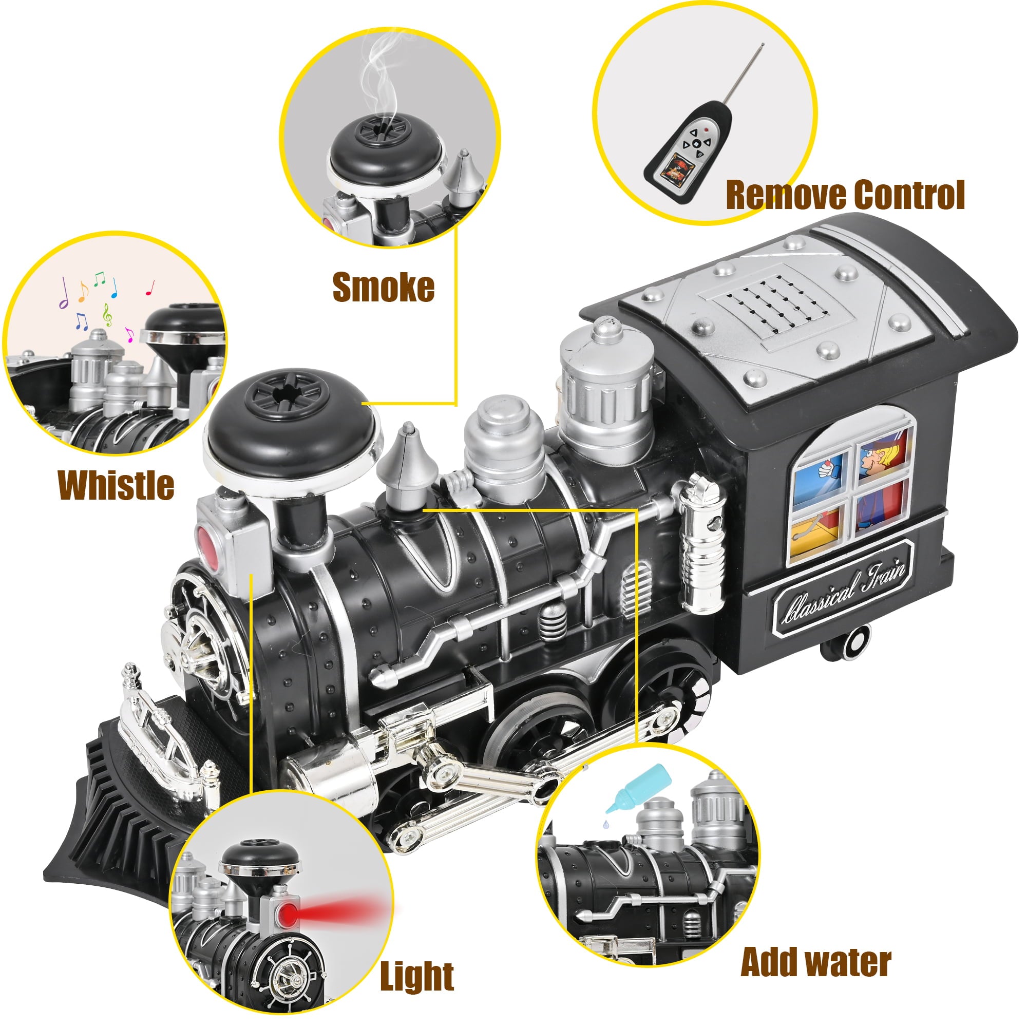 FANL Classic Train Set with Smoke， Sound and Light， RC Train Toy ， Birthday Gift for Boys and Girls