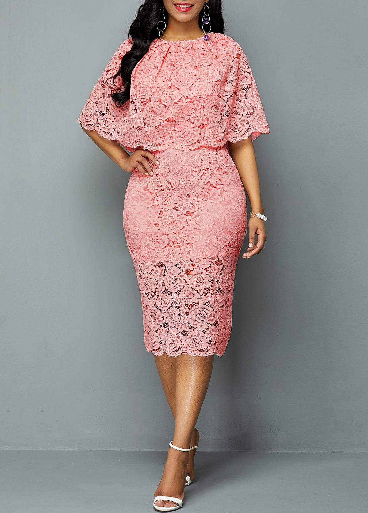 Light Pink Half Sleeve Overlay Embellished Lace Dress