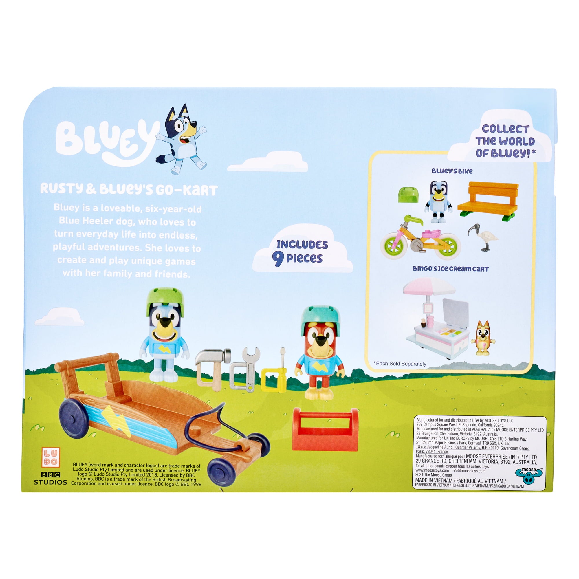 Bluey， Rusty and Bluey's Go-Kart Vehicle and Figures Pack， 2.5-3 inch Figures and Accessories， Preschool， Ages 3+