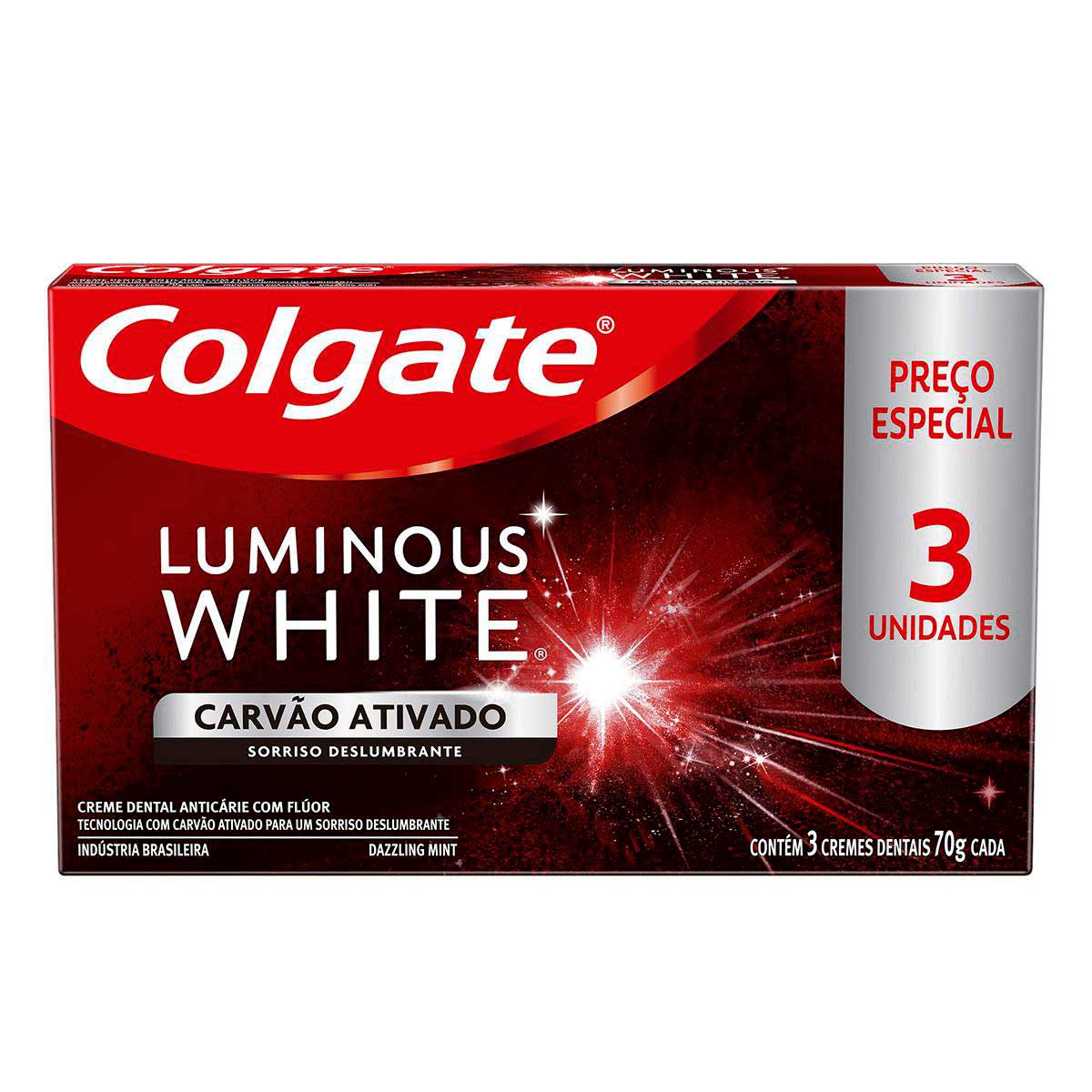 Creme Para Clareamento Dental Colgate Luminous White Carvao Ativado 3 unid 70g Promo Preco Especial