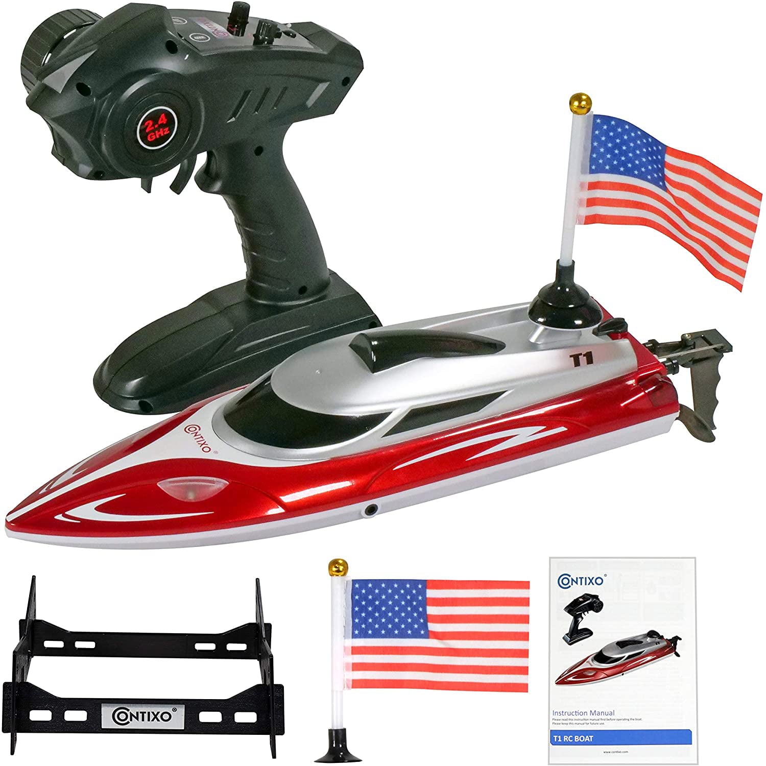 Contixo Remote Control Racing Boat for Pools and Lakes， Fast RC Boats for Adults and Kids with 15+ mph Speed， 4 Channel 2.4 GHz Remote Control， and Rechargeable 1100mAh Battery， Up to 20 min Play