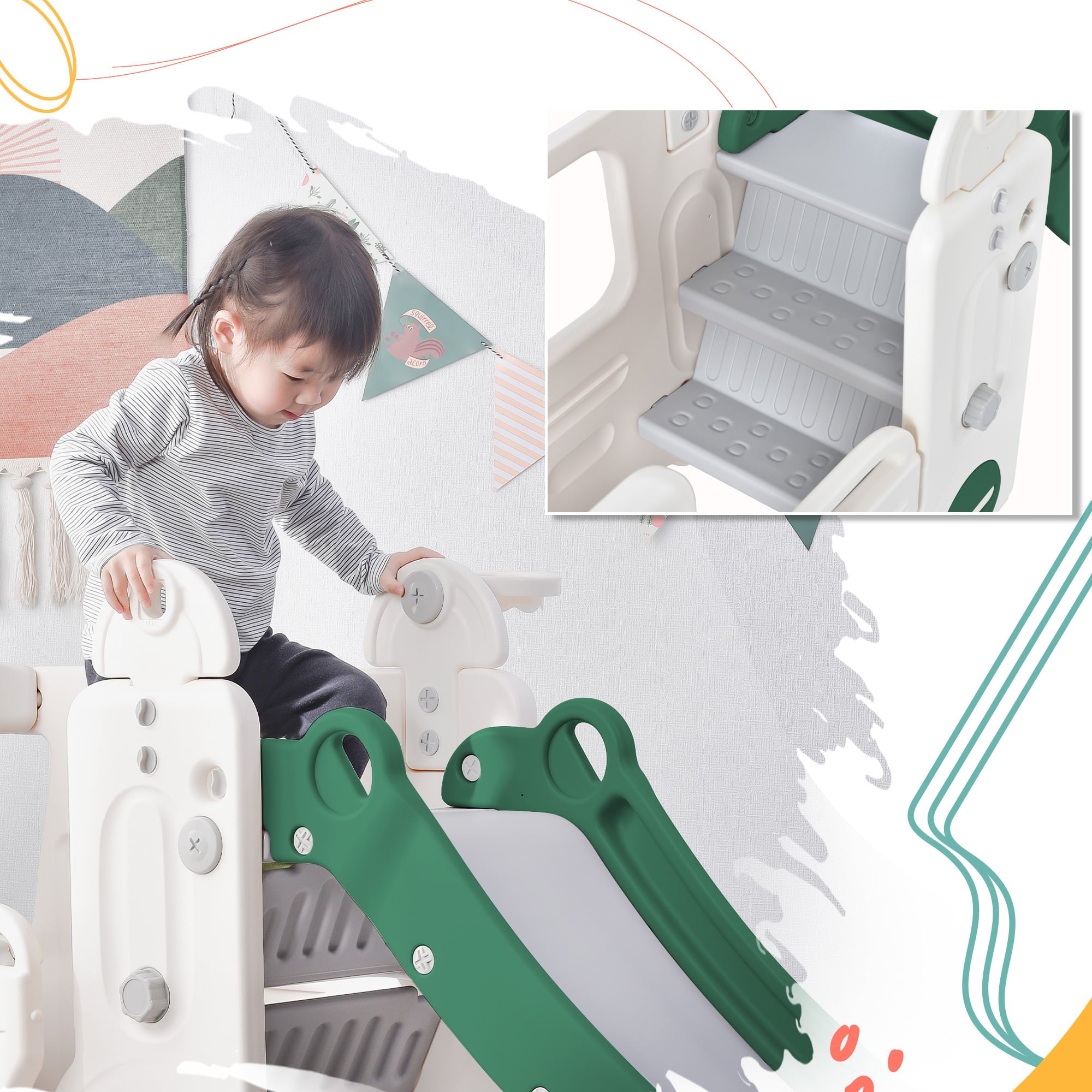 Track 7 Baby Slide 4-in-1，Indoor Toddler Slide with Basketball Hoop，Climber and Bus Playhouse，Outdoor Playground Kids Slide for Toddlers Age 1+，Green