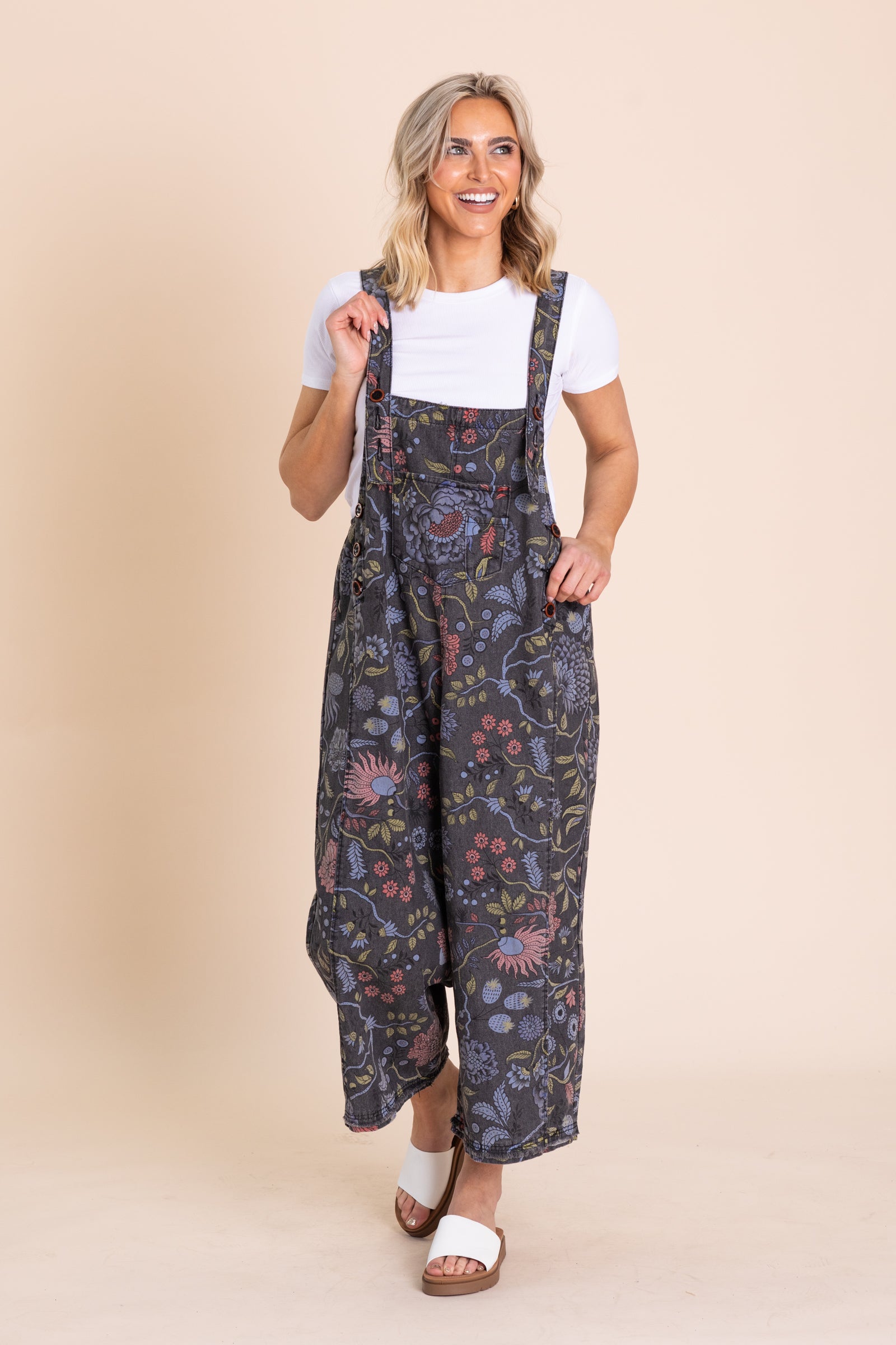 Black Denim Floral Vintage Overall Jumpsuit