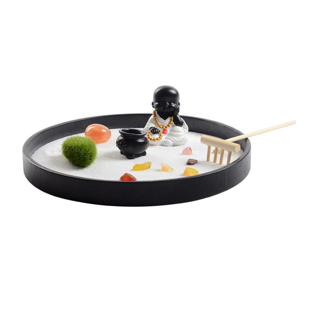 Round Garden W/Figurines Wooden Meditating Sandbox Dia 8.2