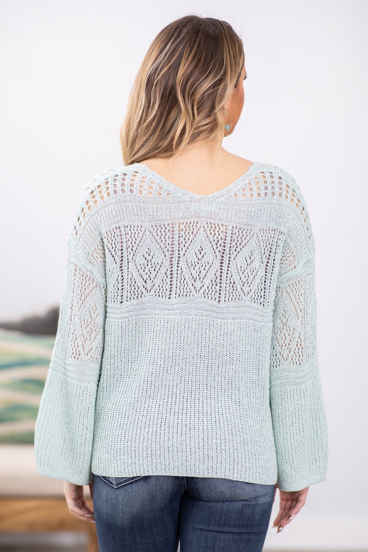 Mint Crochet Detail Lightweight Sweater