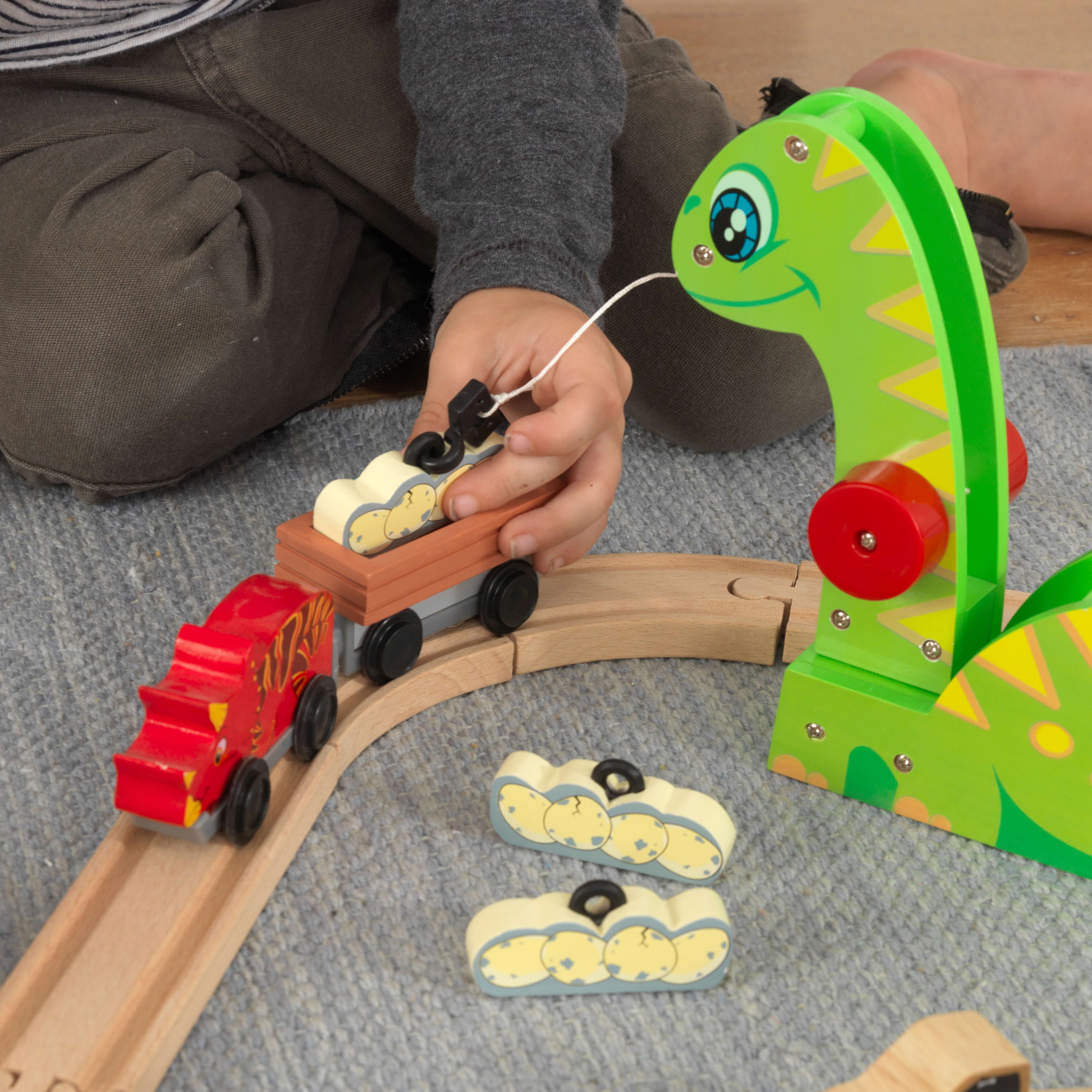 KidKraft Dinosaur Bucket Top Portable Wooden Train Set with 56 Pieces and 9 Feet of Track