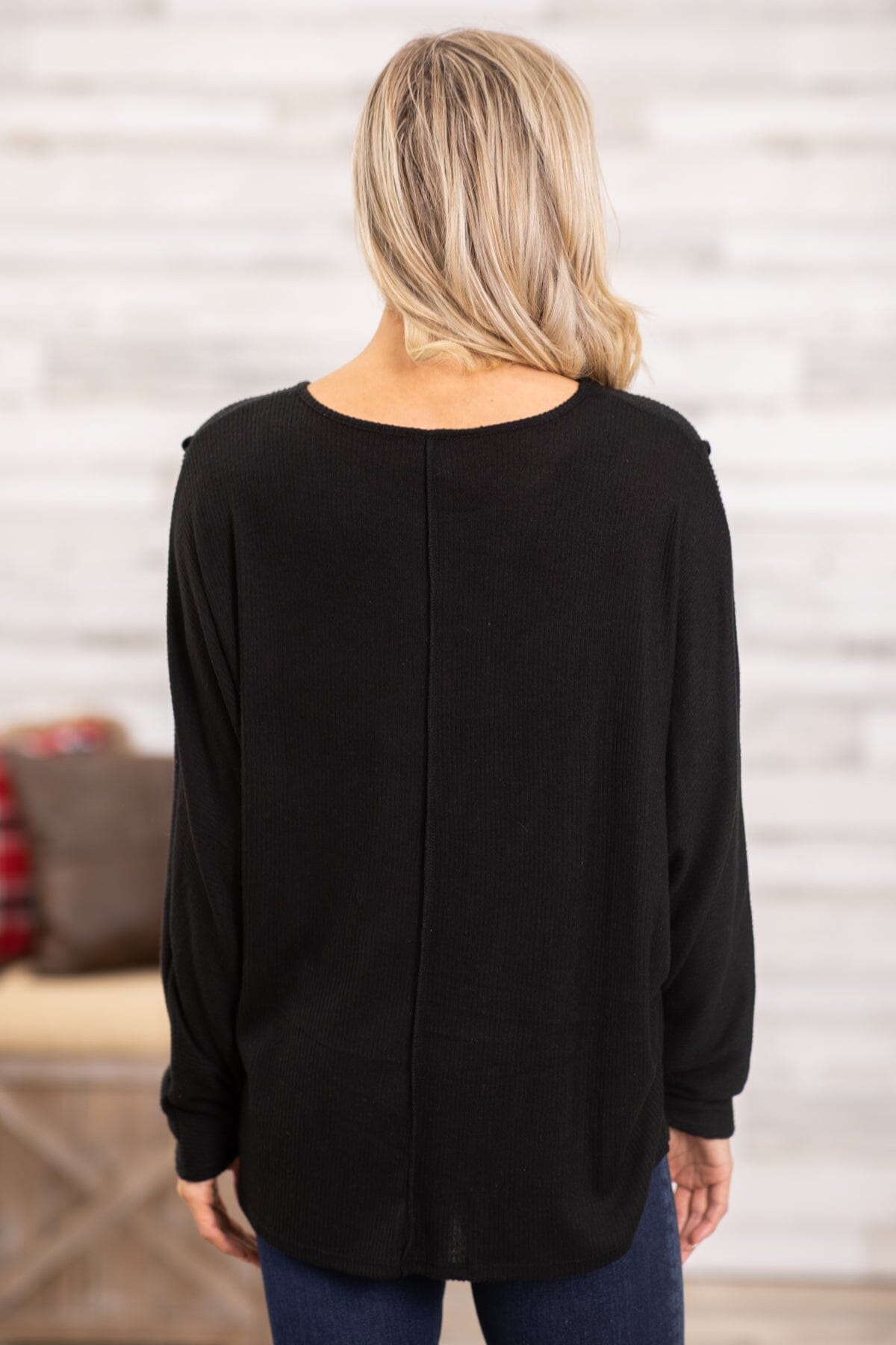 Black Long Sleeve Top With Button Detail