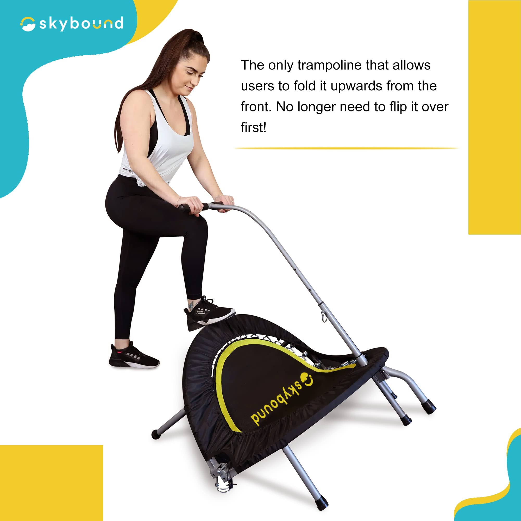 SkyBound Boogie Bounce Foldable Mini Trampoline 39 Inch， in-Home Cardio Fitness Rebounder with Adjustable T-Bar Handle，Exercise Trampoline for Adult， Fitness Trampoline for Workout Trainer