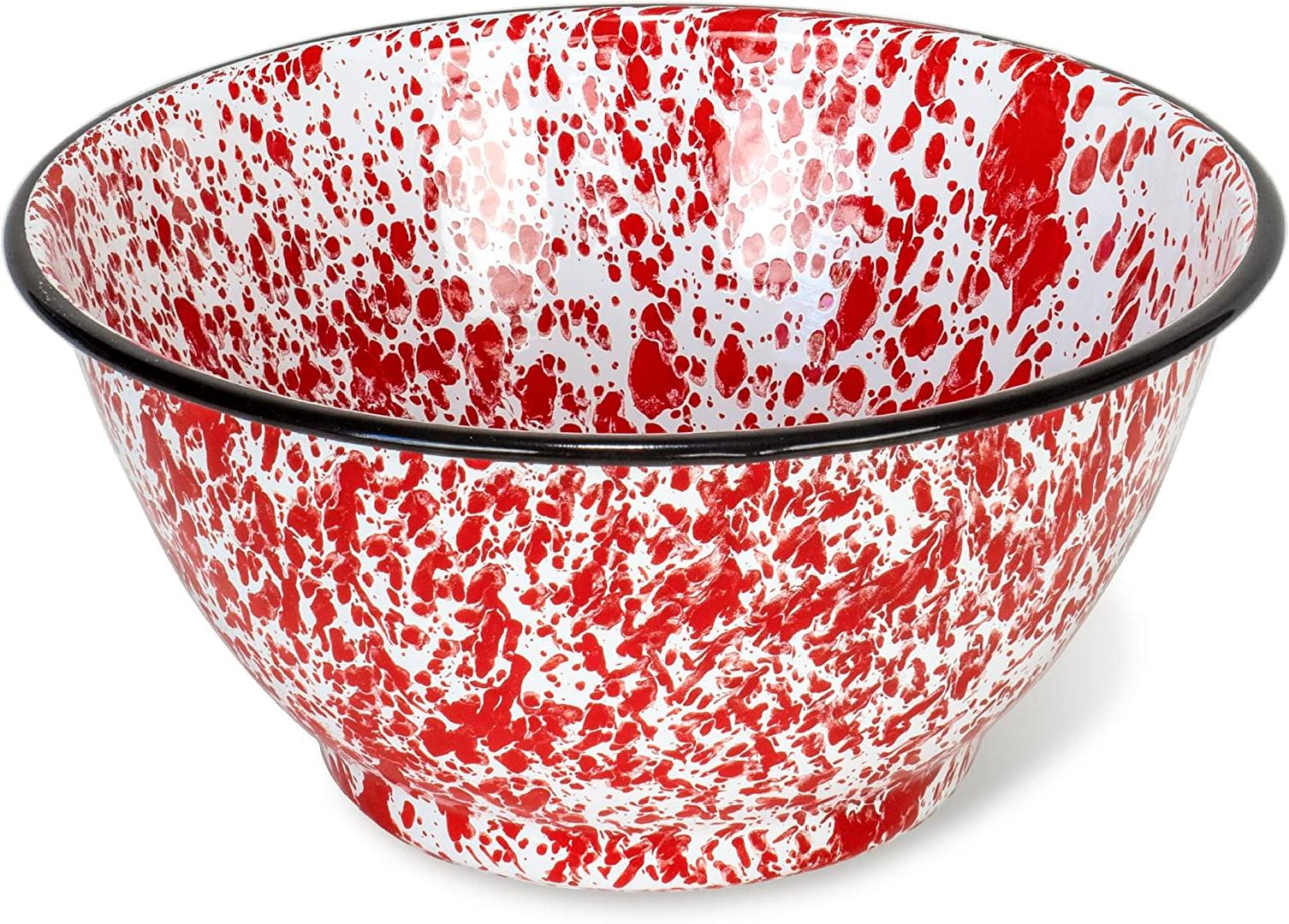 Set of 2 Enamelware Metal Large Classic 4 quart Round Salad Serving Bowl， Marble/Black Rim - Splatter Design