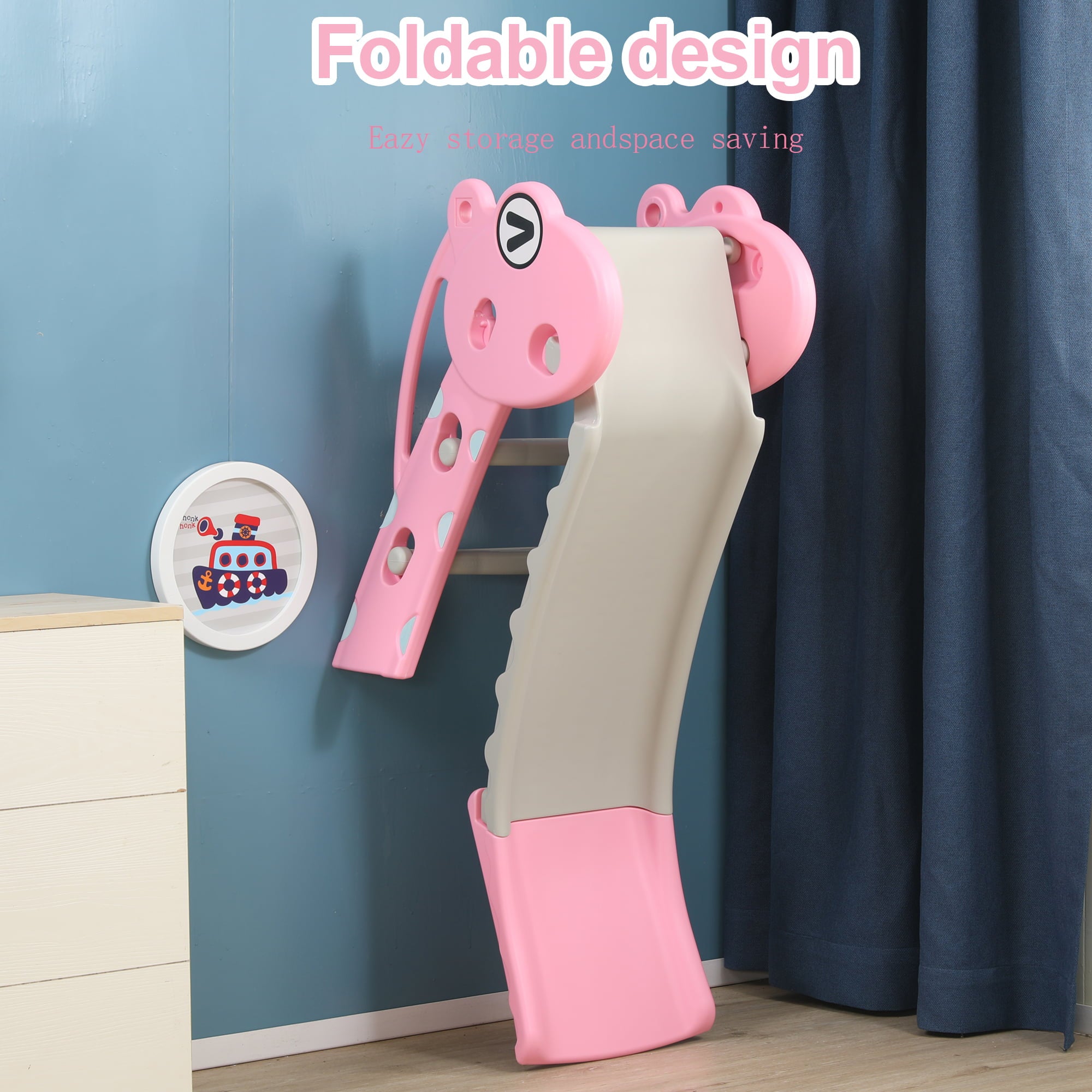 REIDIU 3 in 1 Slide for Kids， Baby Play Climber Slide Set with Extra Long Slipping Slope， Basketball Hoop and Ball， Multifunctional Household Play Slide Toy for Boys and Girls，Deer Pink