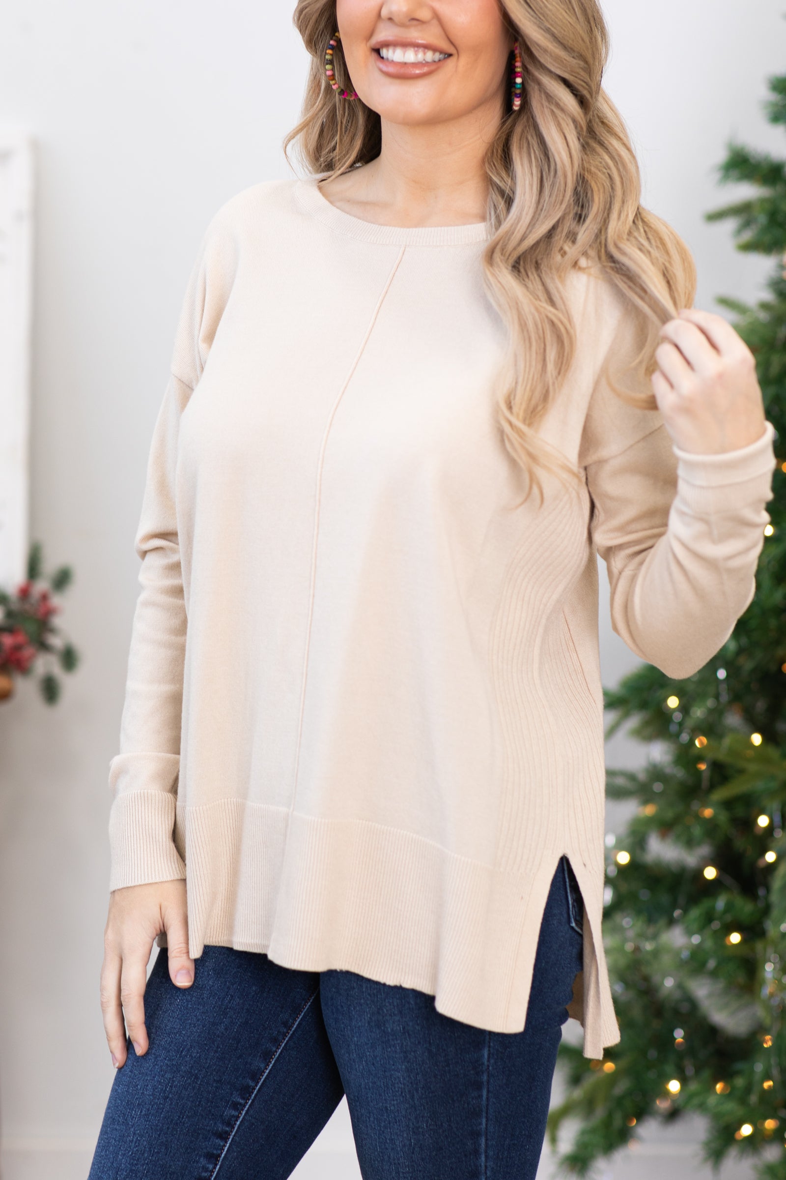 Beige Center Seam Sweater With Side Slits