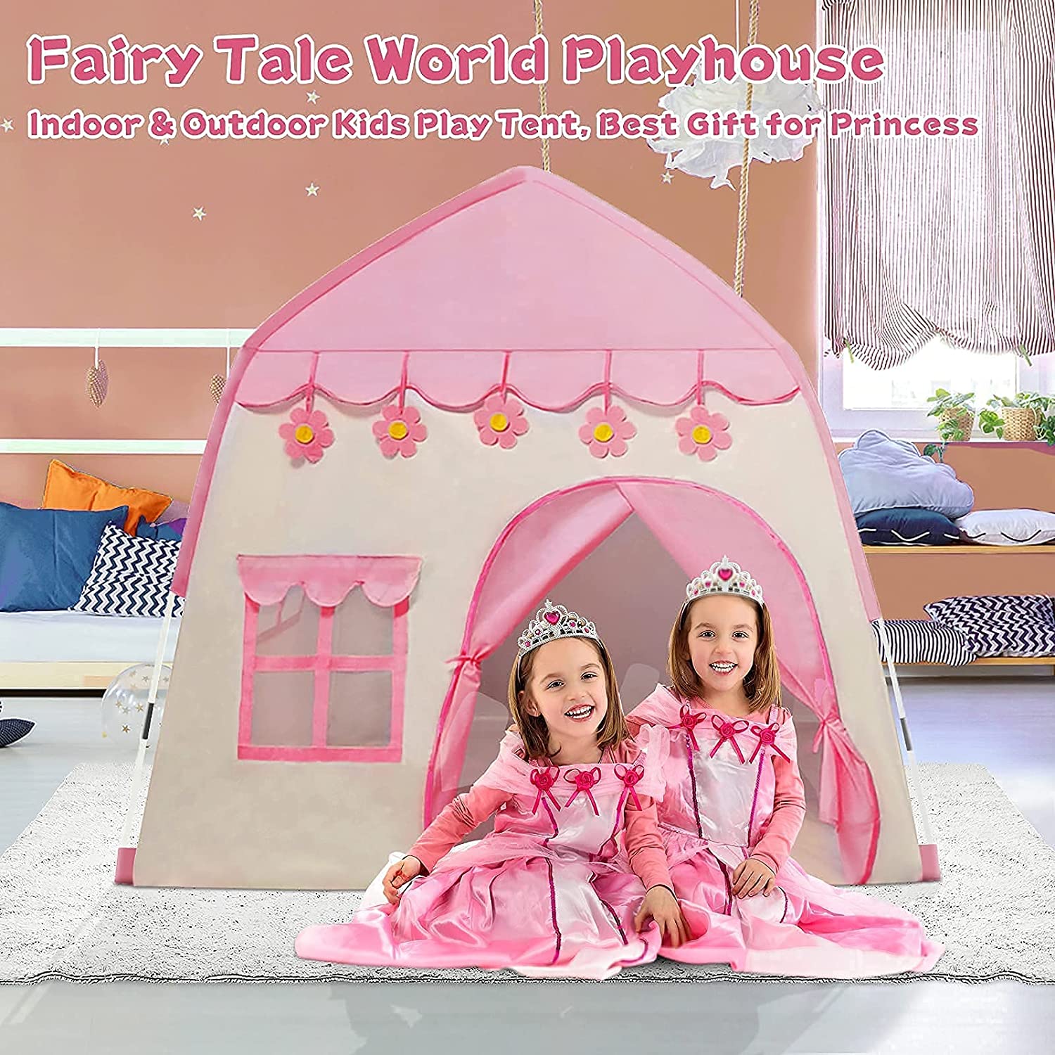 Playhouse Tent for Girls with Lights,Kids Castle Play Tent with Star Lights Toy for Children Indoor and Outdoor Games,420D Thick Oxford Fabric Pink Castle