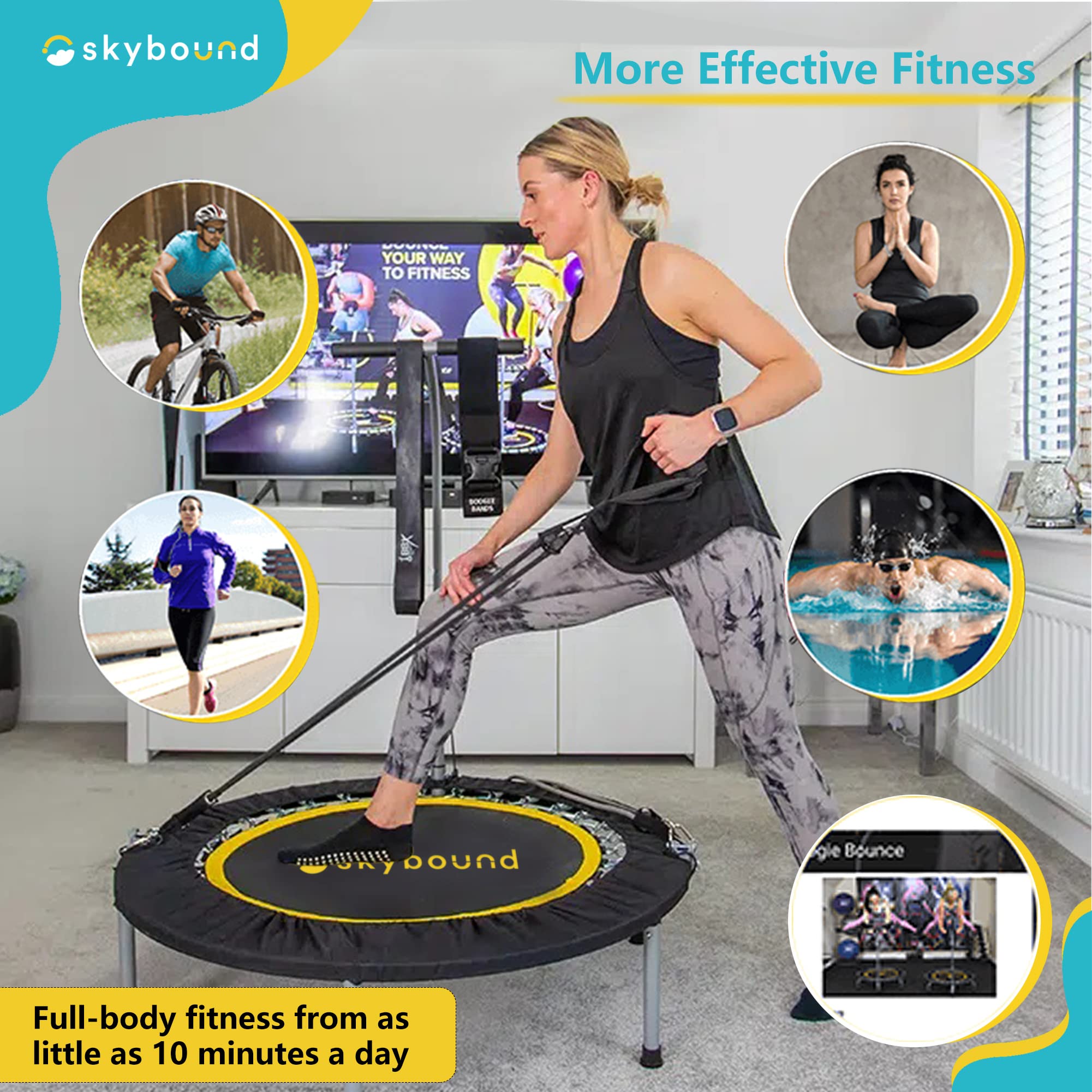 SkyBound Boogie Bounce Foldable Mini Trampoline 39 Inch， in-Home Cardio Fitness Rebounder with Adjustable T-Bar Handle，Exercise Trampoline for Adult， Fitness Trampoline for Workout Trainer