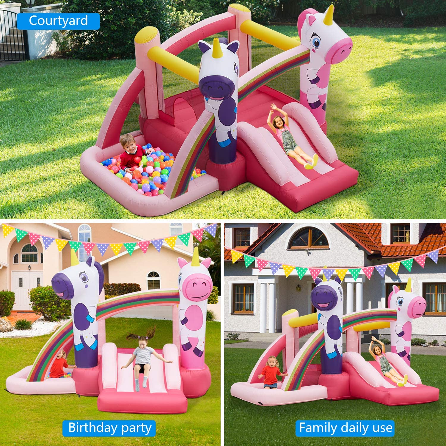 Kinbor Kids Inflatable Jumping Slide Bounce House with Blower Ocean Ball， Pink Unicorn