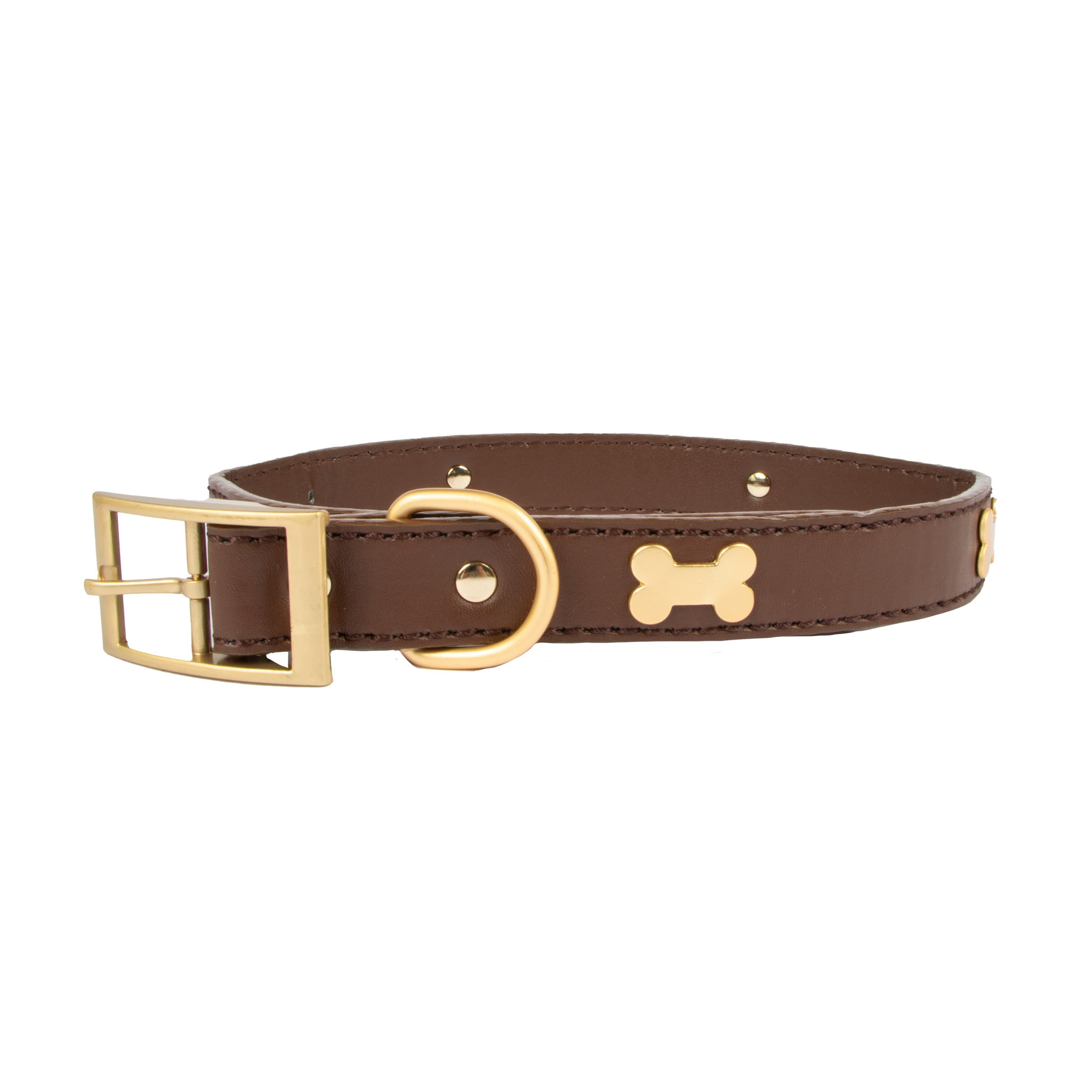 House of Barker， Bone and Stud， Vegan Leather Buckle Dog Collar， Brown