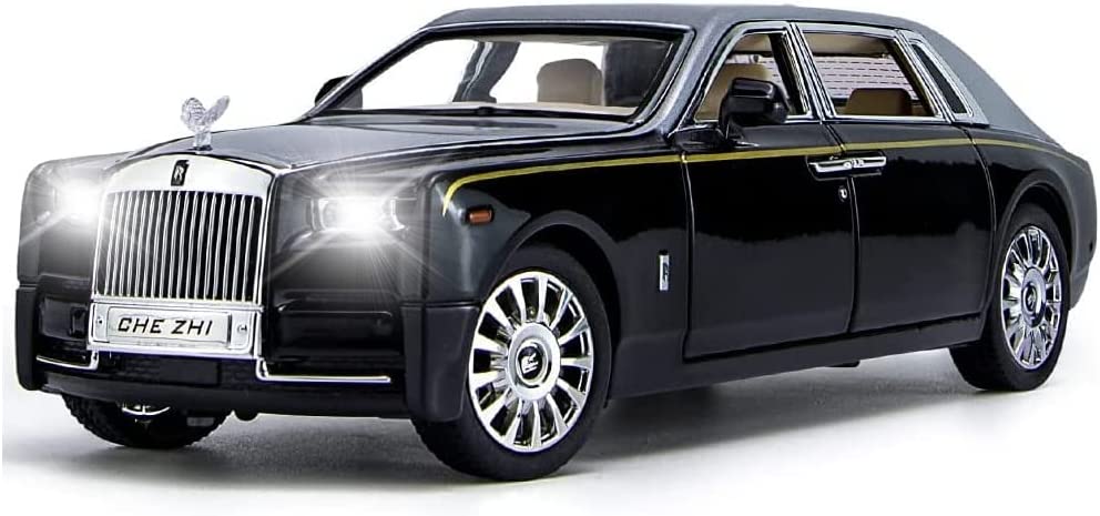 Cocobaby Upgrade Version -Exquisite car Model 1/24 Rolls-Royce Phantom Model Car，Zinc Alloy Pull Back Toy car with Sound and Light for Kids Boy Girl Gift. (Silver-Black)