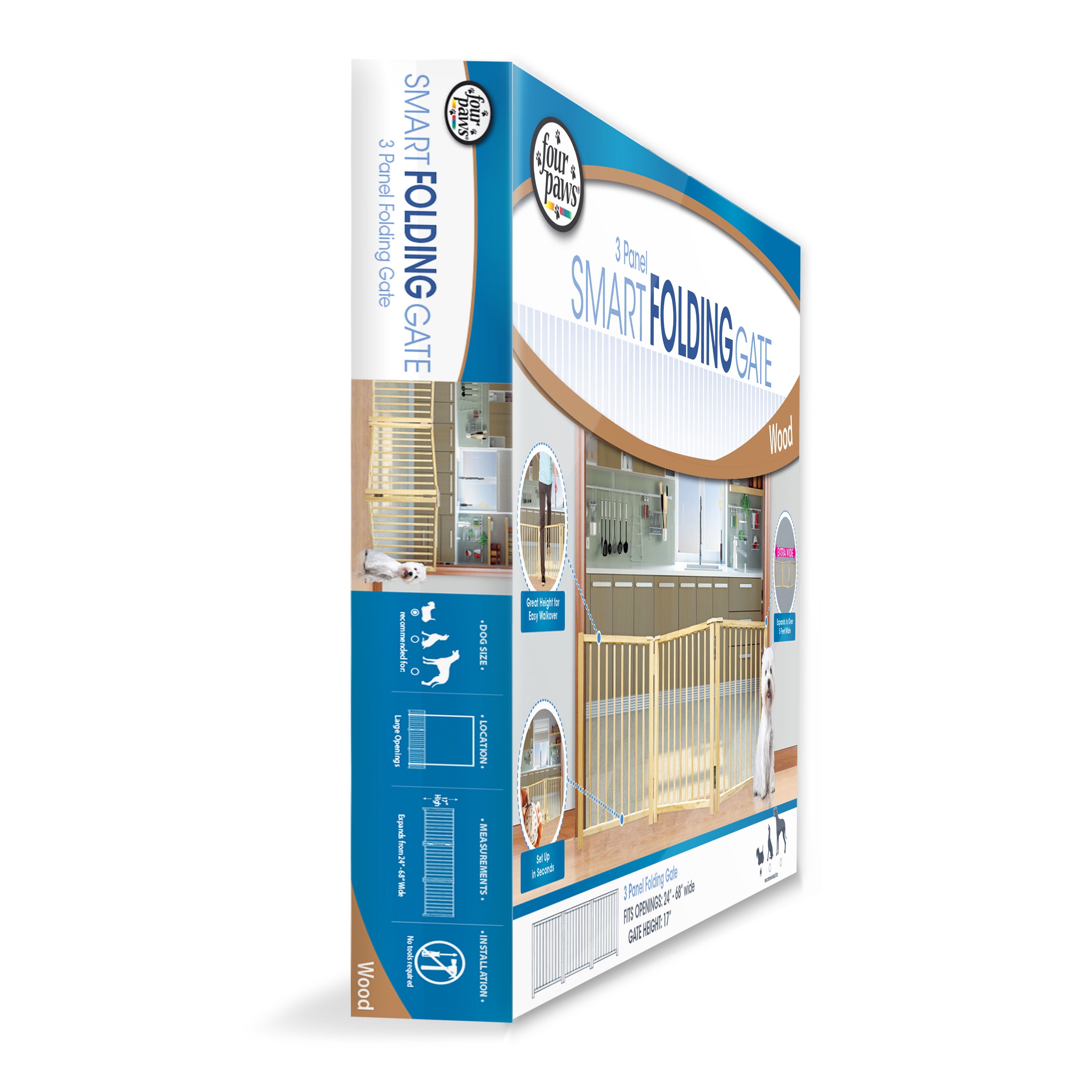 Four Paws Expandable Dog Gate， Wood Gate for Dogs， 3-Panel 24-68