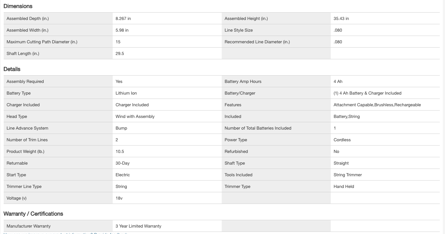 RYOBI P20110 ONE+ 18V Brushless 15 in. Cordless Attachment Capable String Trimmer with 4.0 Ah Battery and Charger