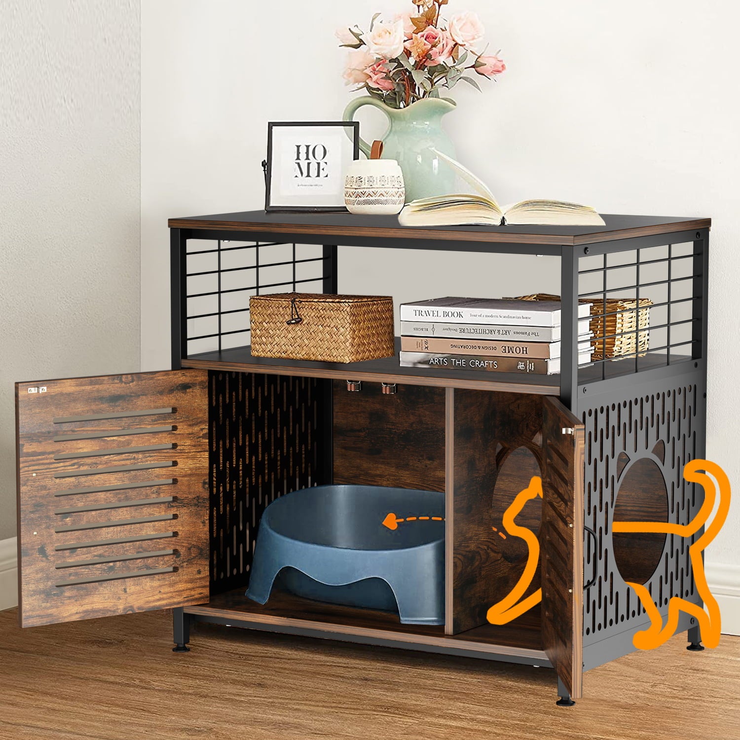 ABORON Cat Litter Box Furniture Hidden，Hidden Cat Washroom Furniture with Divider，Wooden Pet House End Table，Nightstand，Cat House