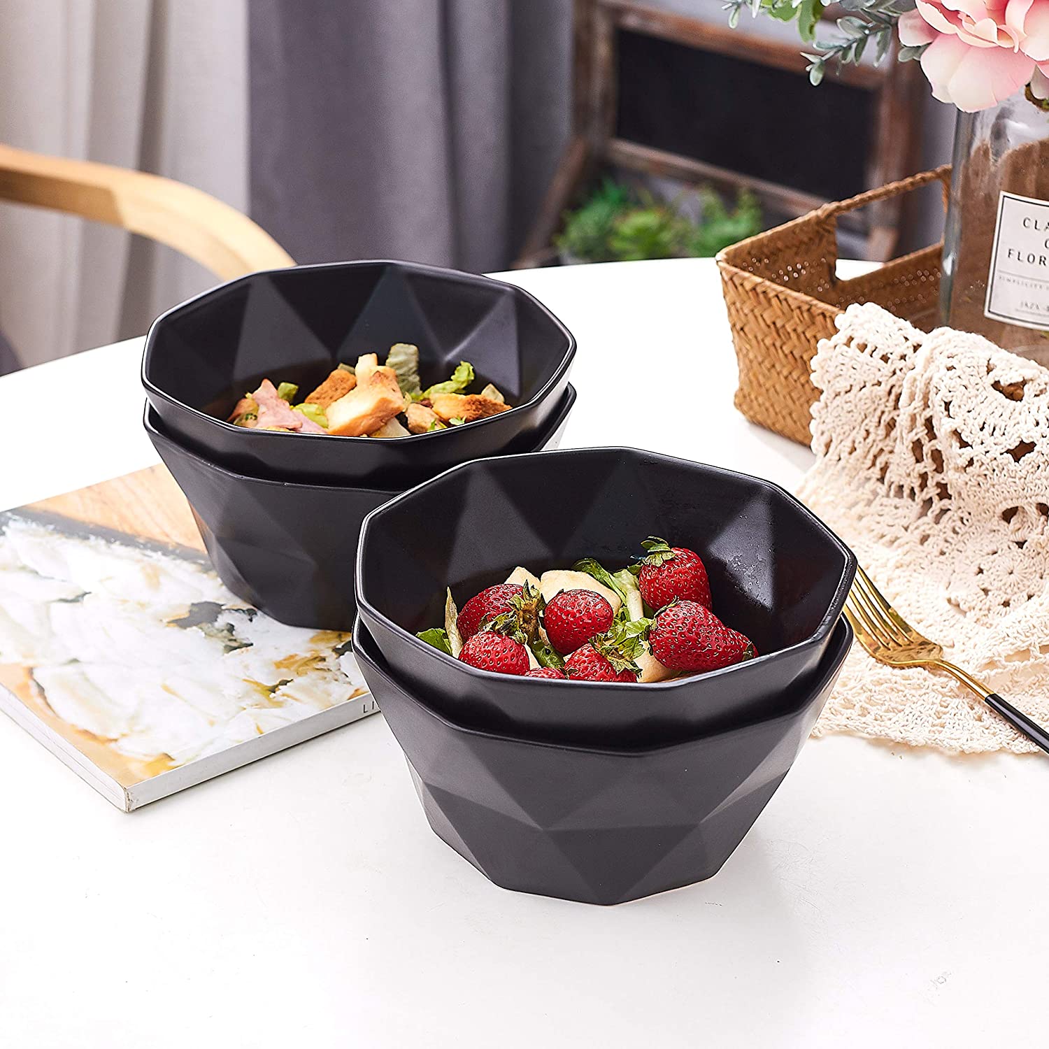 Bruntmor | Soup Bowls Set Of 4 Geometric 30 Ounce Soup Bowls - Elegant Stackable