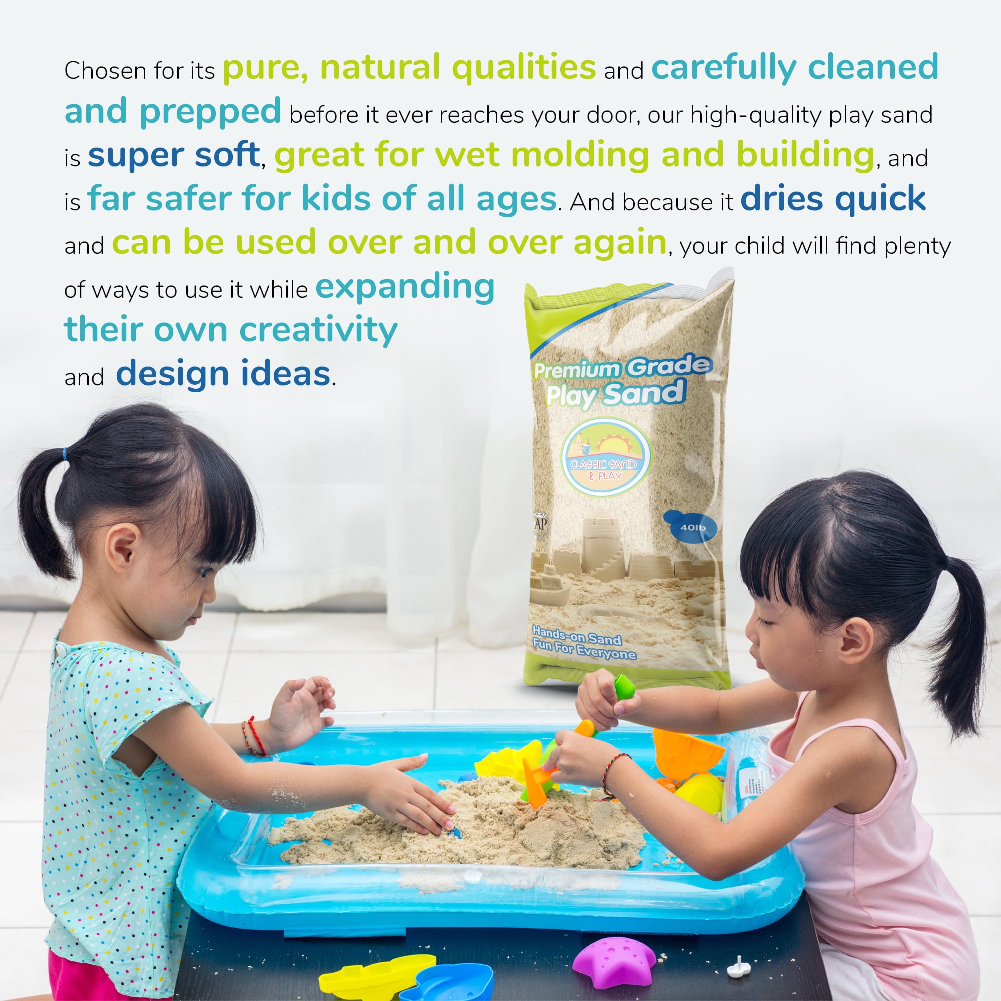 Classic Sand and Play Sand for Sandbox， Table， Therapy and Outdoor Use - 40 lbs