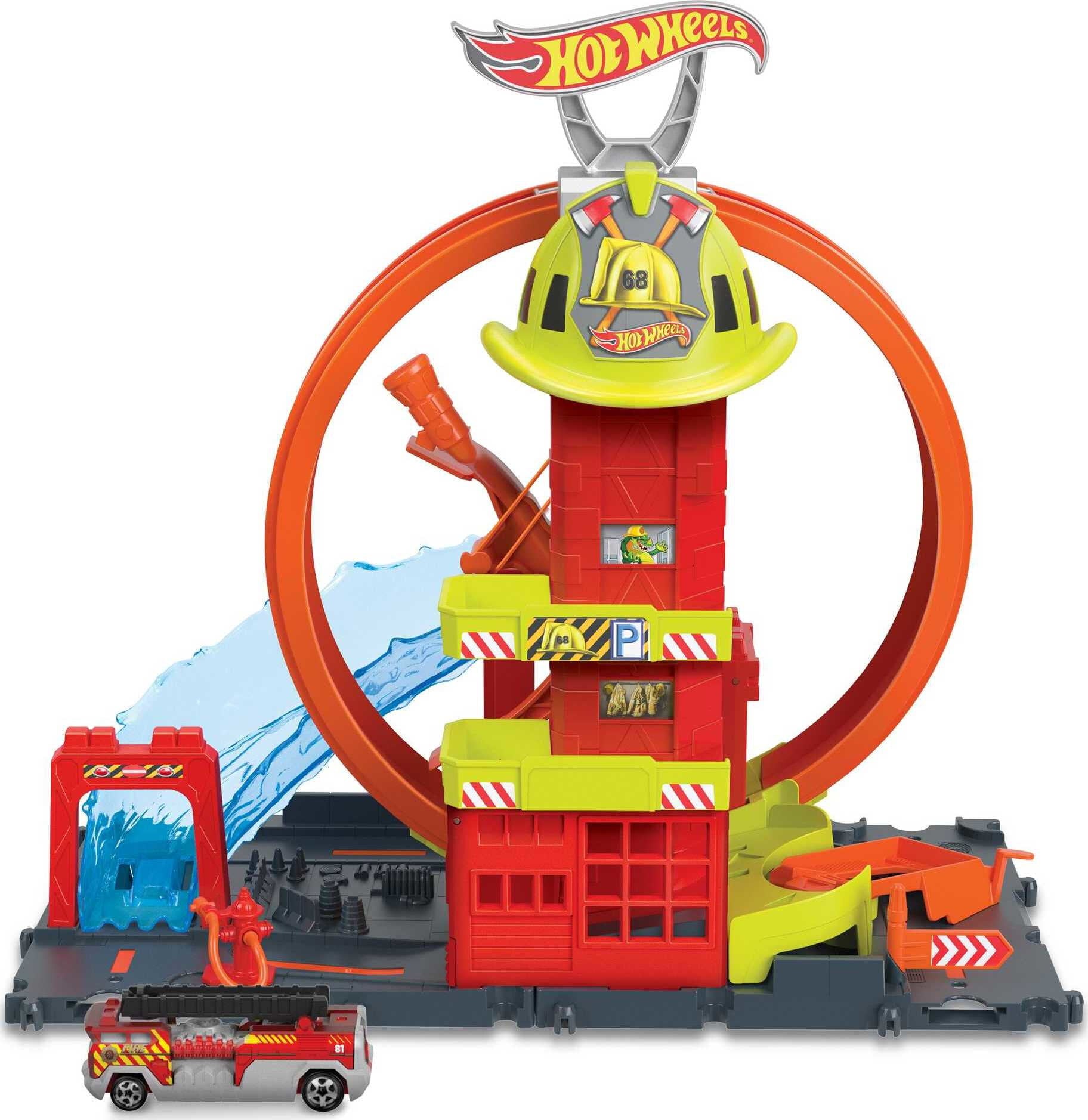 Hot Wheels City Super Loop Fire Station Playset and 1 Toy Firetruck in 1:64 Scale