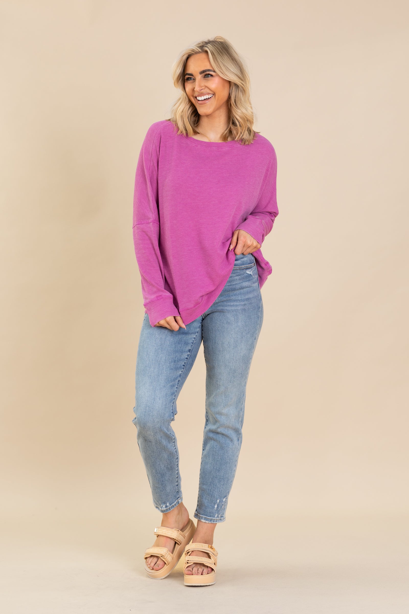 Waffle Ribbed Roundneck Knit Pullover
