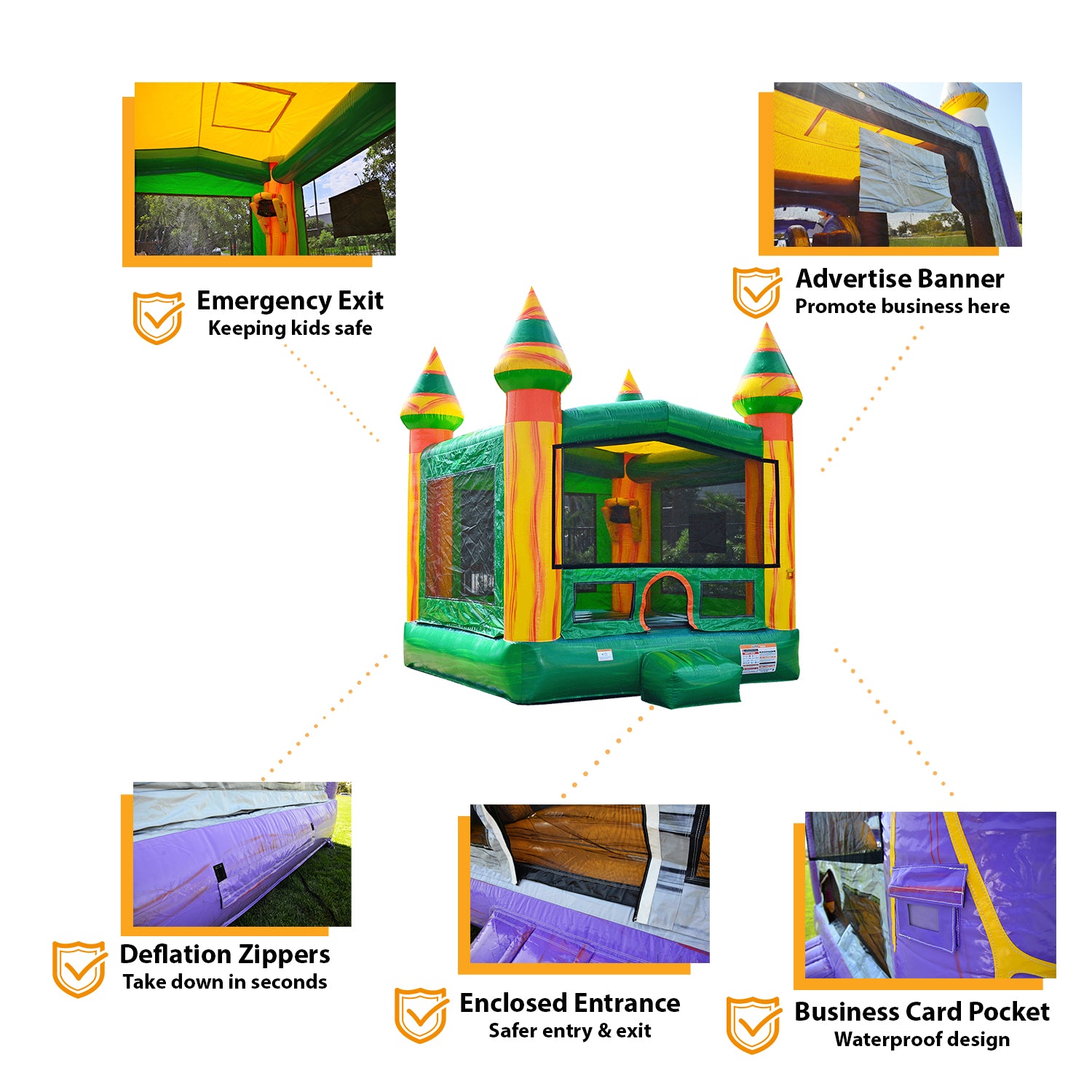 JumpOrange Castle Commercial Grade Bounce House Inflatable 13'x13' (with Blower)， for Kids and Adults， 100% PVC Vinyl， Outdoor Indoor Use