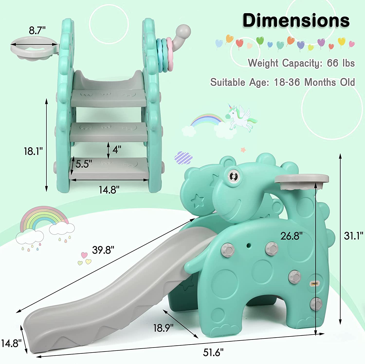 Toddlers Slide and Climber Set - 4 in 1 Play Slide + 3-Step Climbers + Basketball Hoop + 3-Color Ring Toss， Kids Indoor Slide Slipping Backyard Playground Have Fun， Green