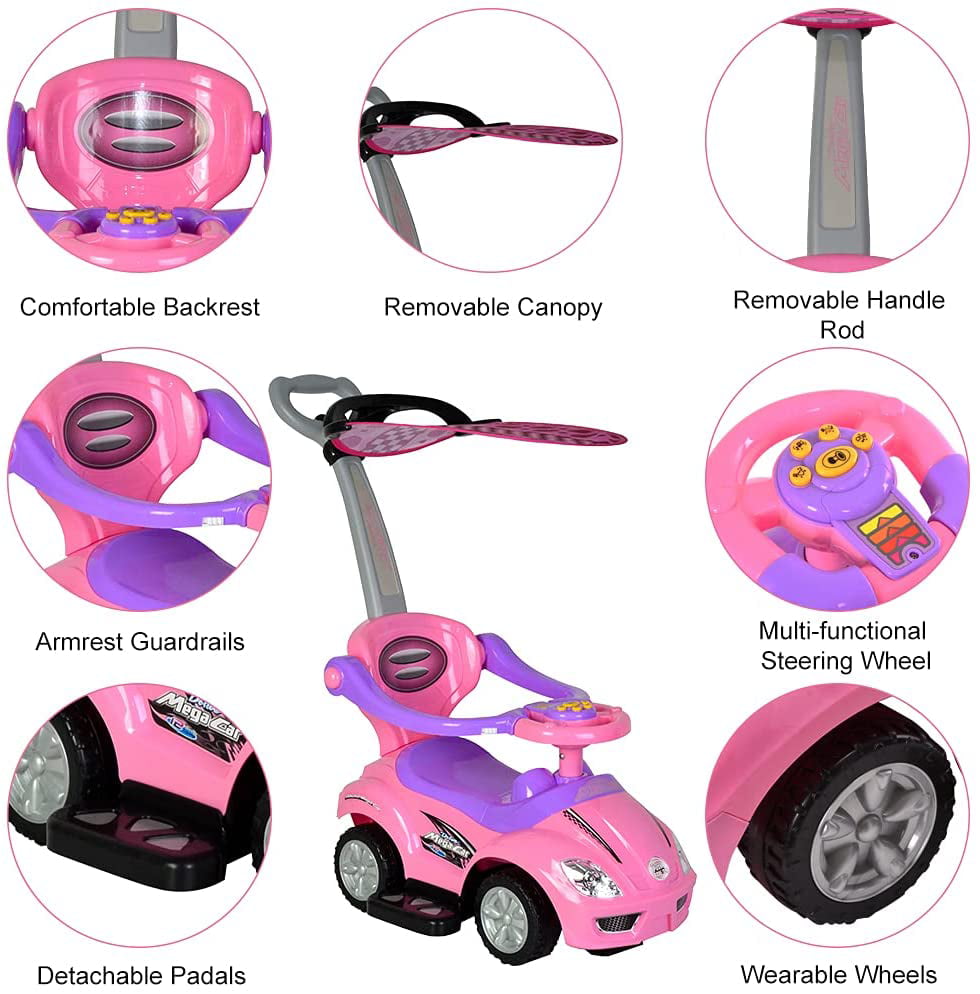 ChromeWheels 3 in 1 Ride on Toys Pushing Car with Removable Sun Visor Pink