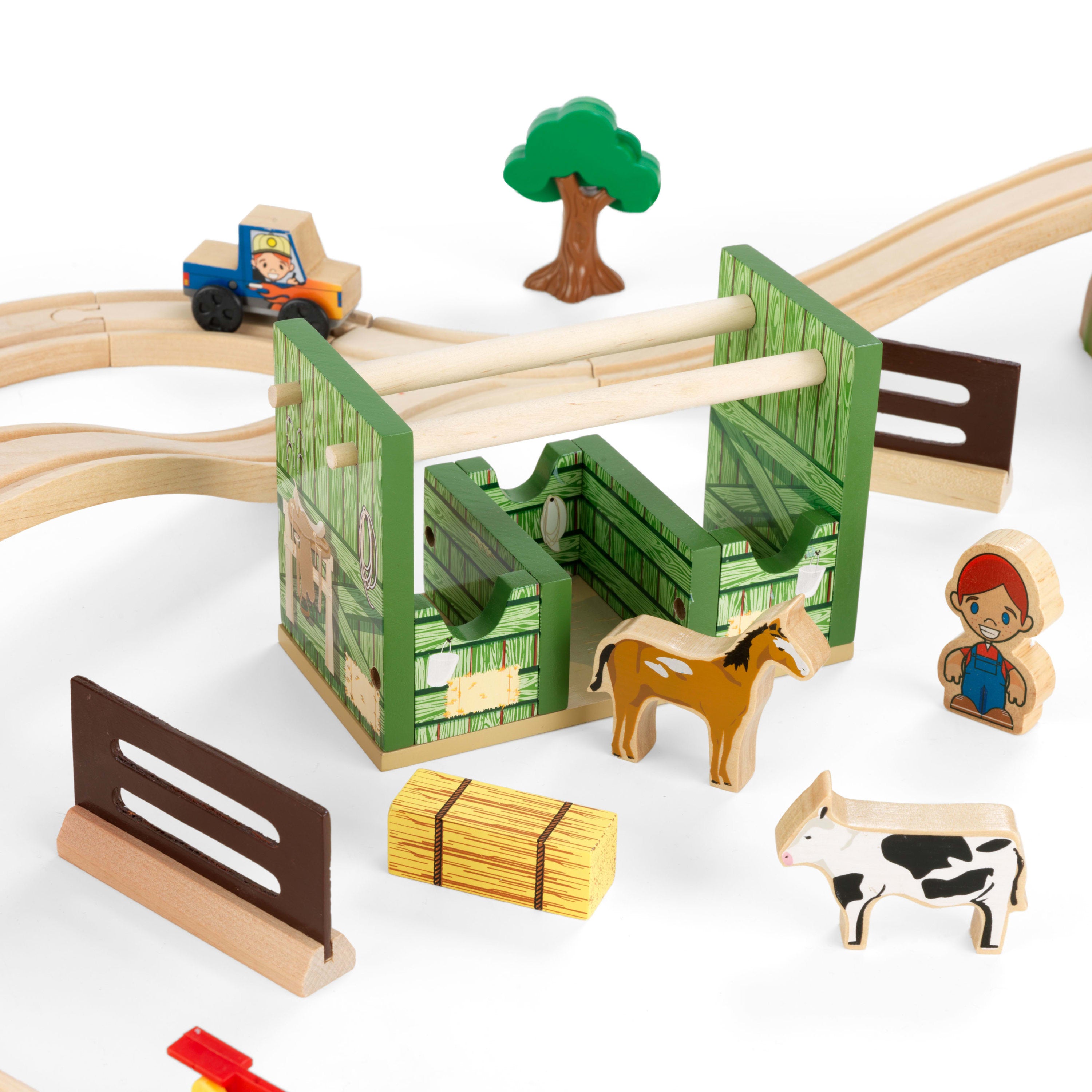 KidKraft Wooden Farm Train Set with 75 Pieces Included， Children's Toy Vehicle Playset