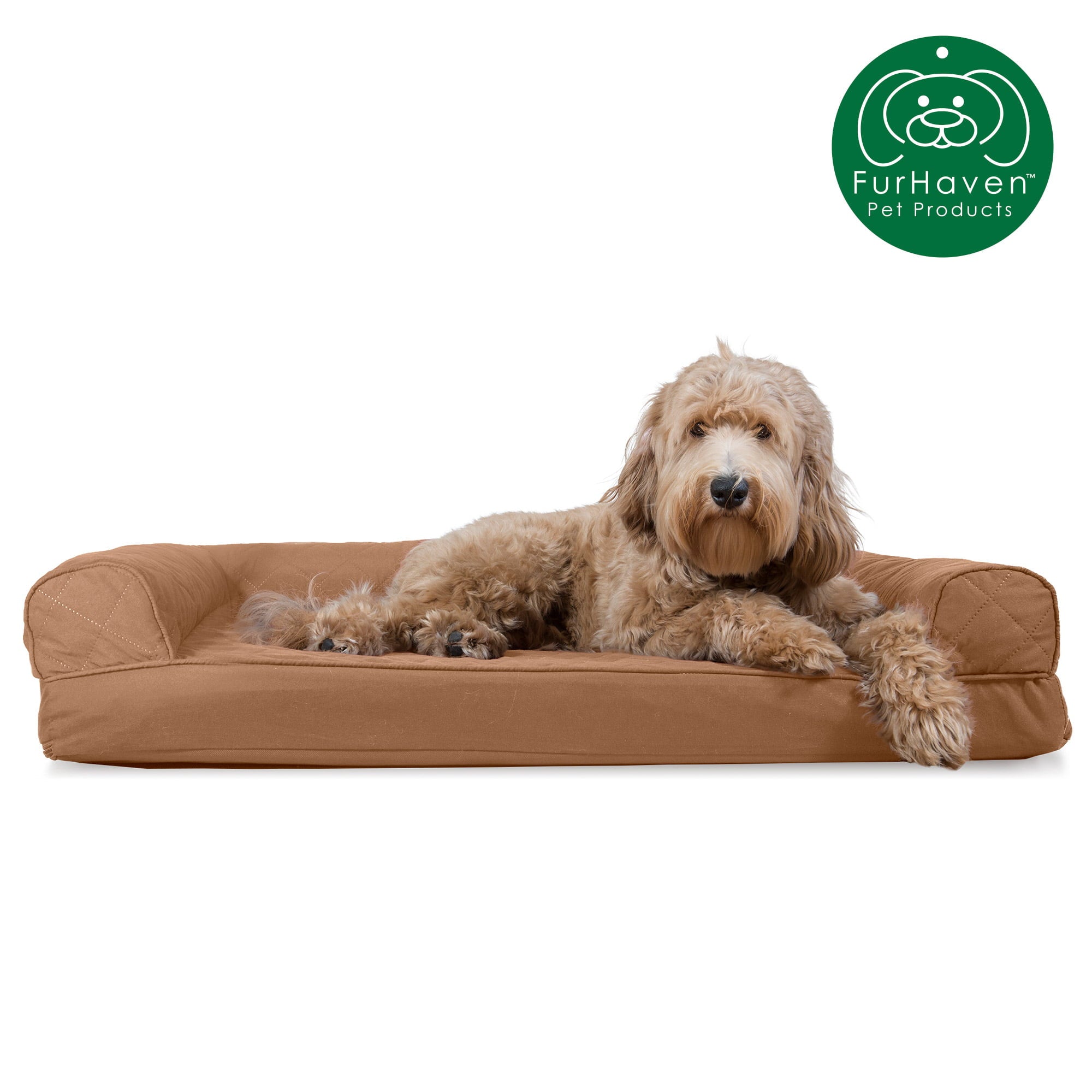 FurHaven Pet Products | Cooling Gel Memory Foam Orthopedic Quilted Sofa-Style Couch Pet Bed for Dogs and Cats， Toasted Brown， Large