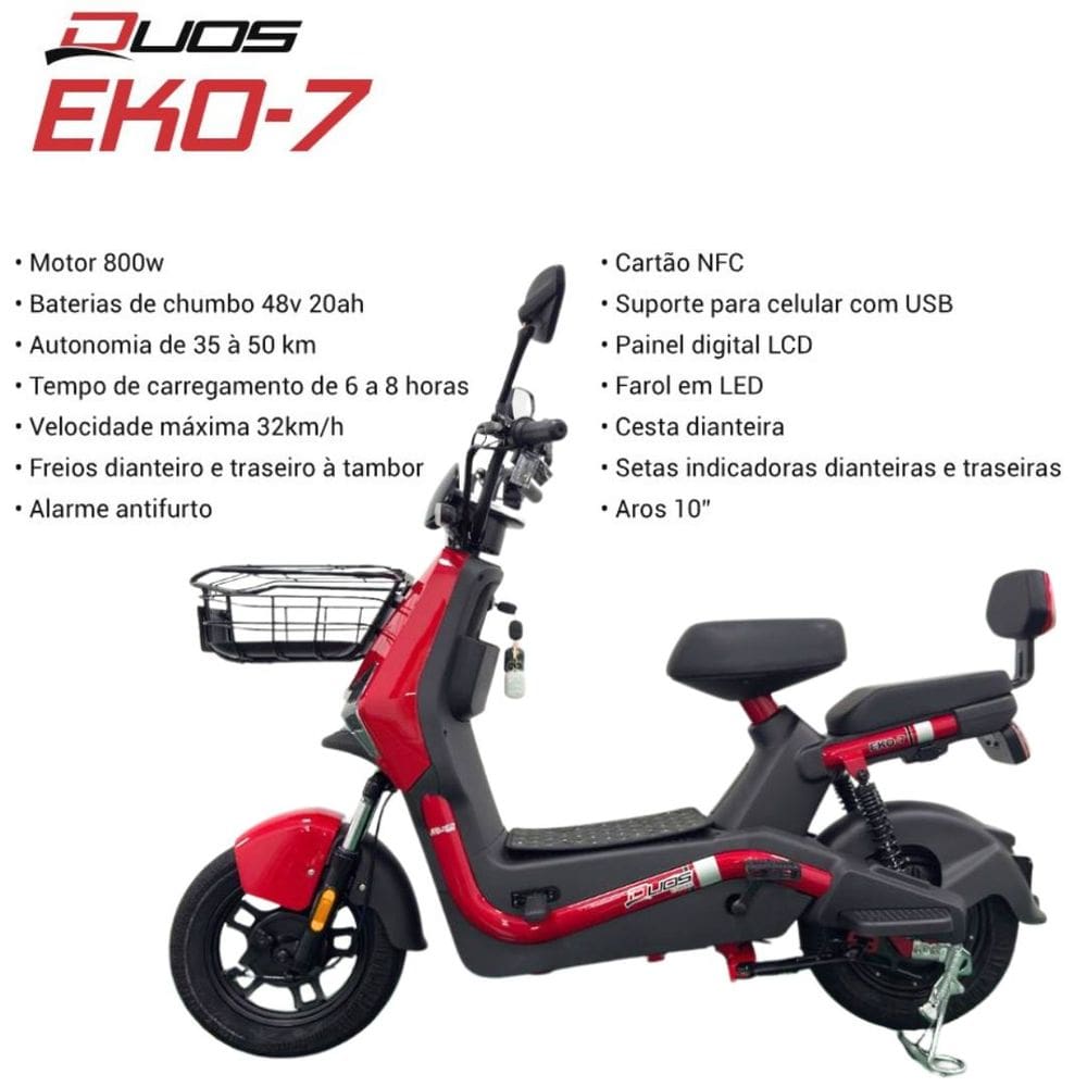 Bicicleta Scooter Elétrica 800W Alarme Cartão NFC Eko-7 Duos Vermelho