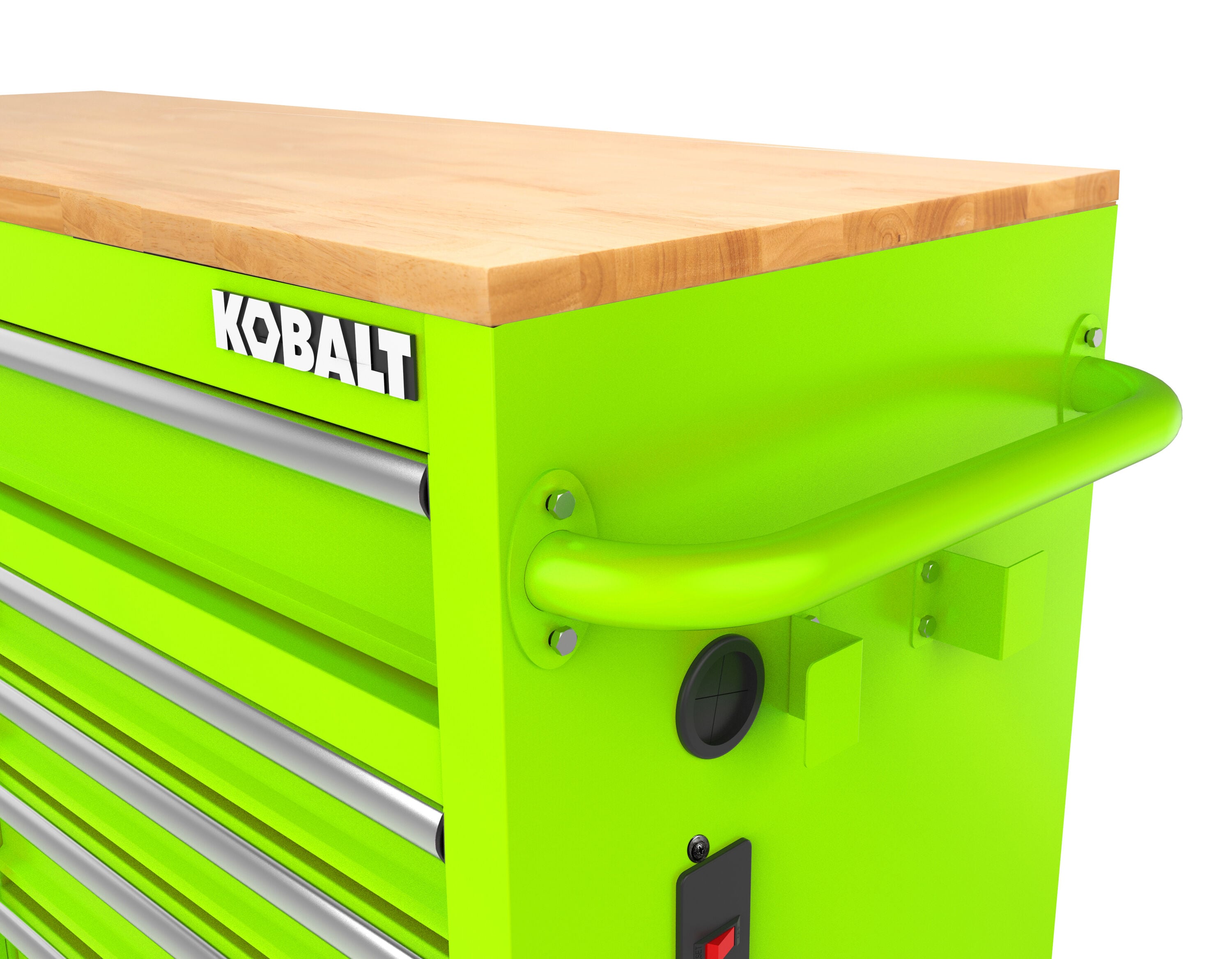 Bancada de trabalho Kobalt com 9 gavetas, 117 cm de comprimento x 94,5 cm de altura, em madeira preta/azul, com rodízios.