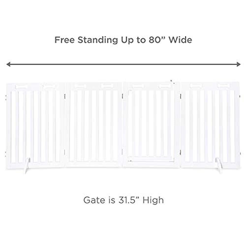 Arf Pets Free Standing White Dog Gate W/ 4 Panels and Door， 80