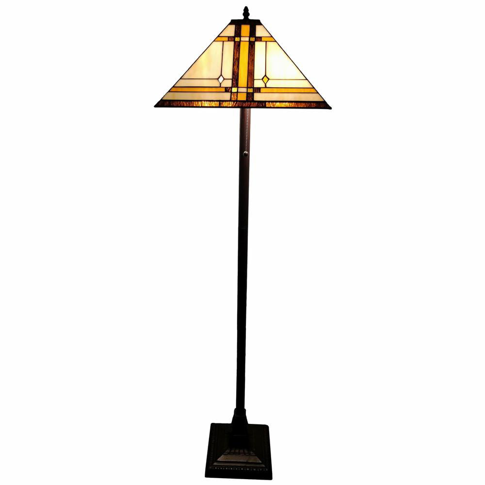 HomeRoots 478077 62 in. Two Lights Traditional Shaped Floor Lamp with Brown & White Stained Glass Cone Shade, Brown