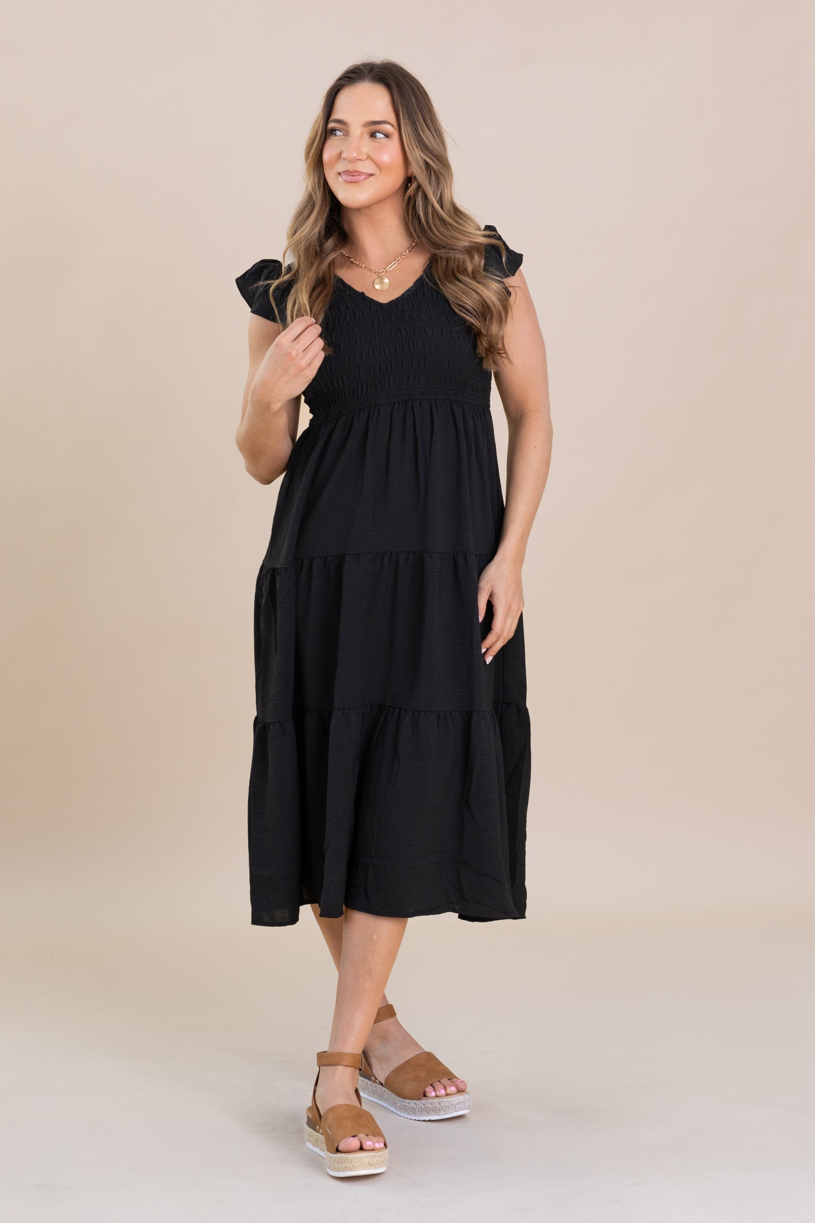 Black Flutter Sleeve Midi Dress