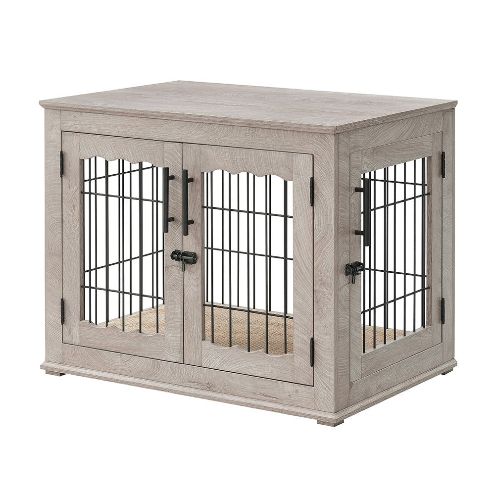 Unipaws Pet Crate End Table， Double Doors Wooden Wire Dog Kennel with Pet Bed， Weathered Gray