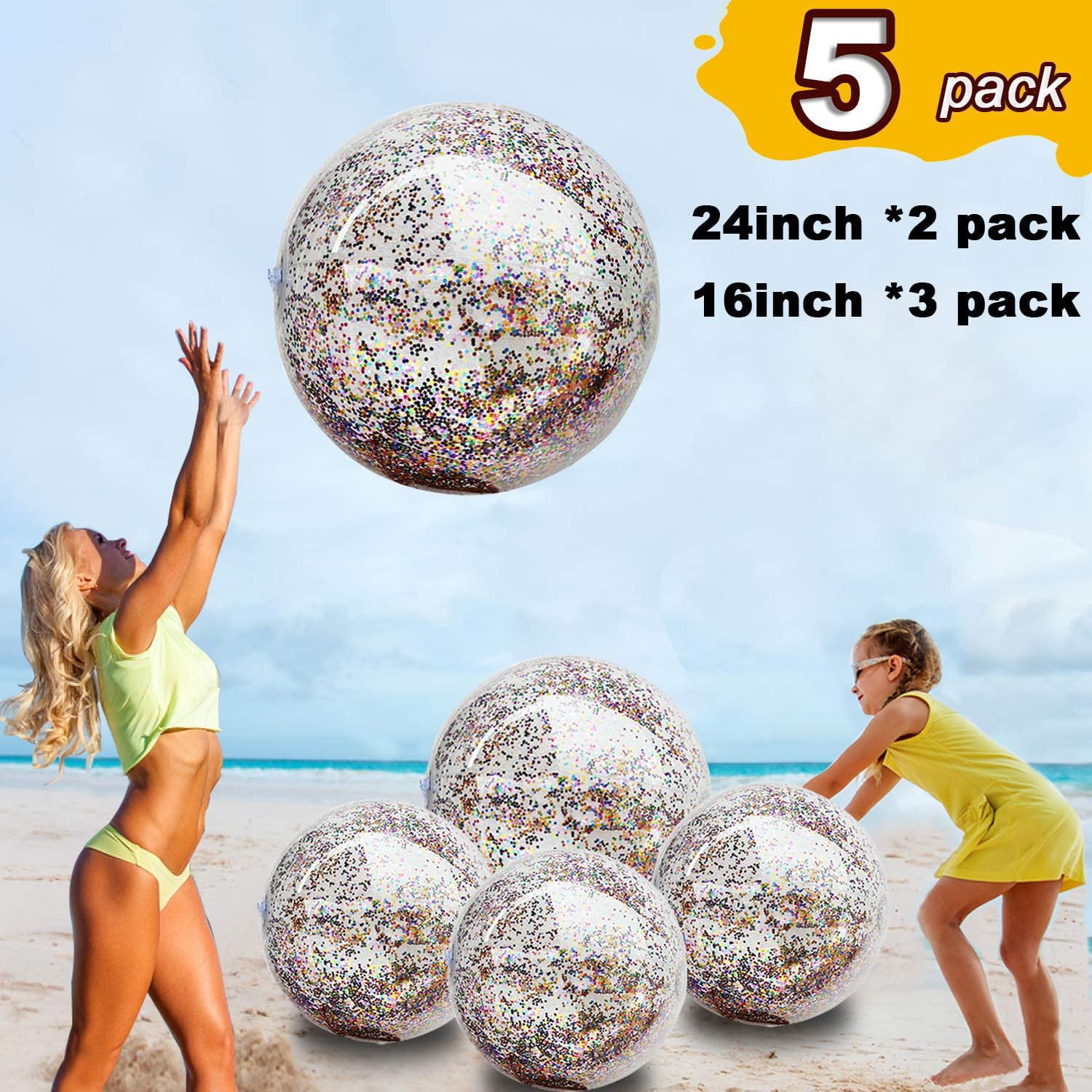 Brier Inflatable Large Beach Ball Pool Accessory Glitter Confetti 16 Inch Premium Beach Theme Water Sand Toy Beach Party Decoration， Pool Party Supplies Beach Balls -Set of 5 |