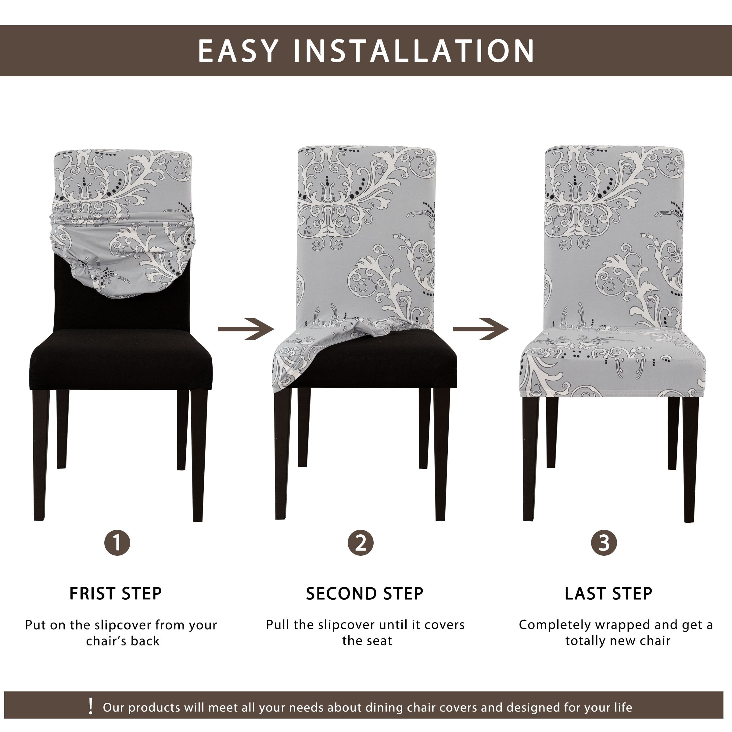 Subrtex Stretch Dining Chair Covers with Elastic Bottom, Printed&nbsp;Floral Stylish Furniture Protector (Set of 4, Gray)