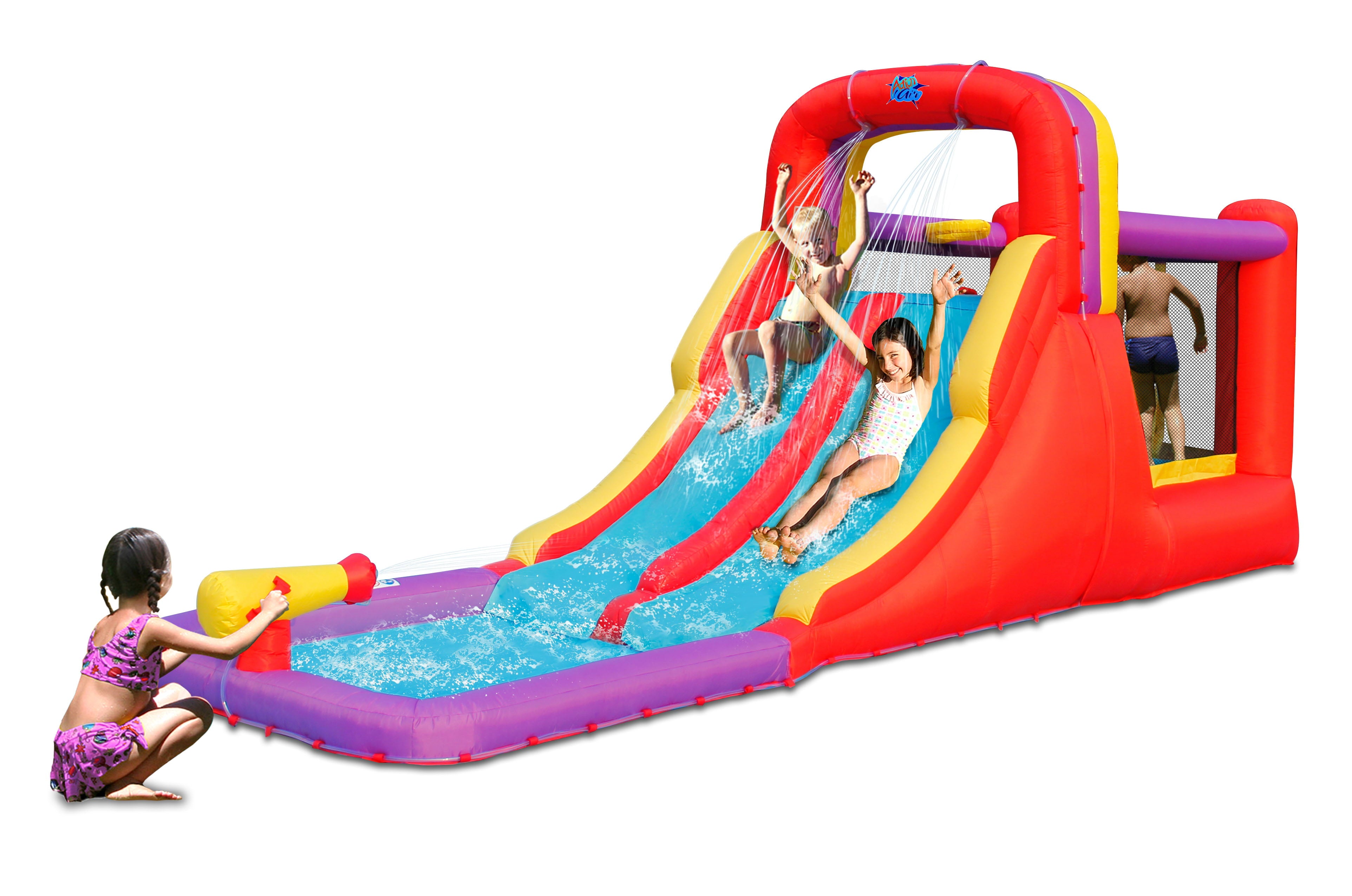 Action Air Water Slide， Inflatable Waterslides with Water Cannon， Water Bounce House for Kids Backyard