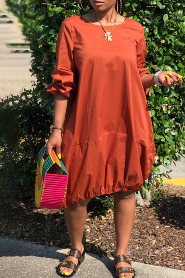 Casual Loose Solid Color Pocket Midi Dress