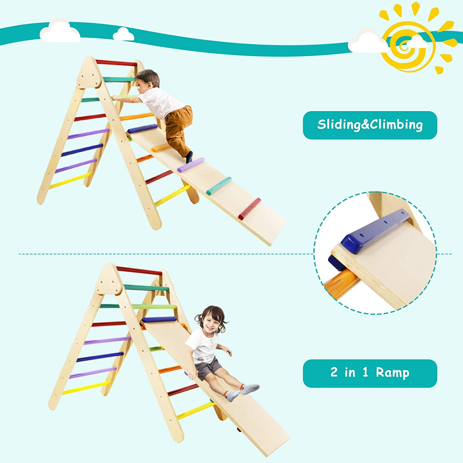 LAZY BUDDY Foldable Climbing Triangle with Ramp， Wooden Climber Ladder Indoor Outdoor Sliding Climbing Toy for Kids 2-7 Years