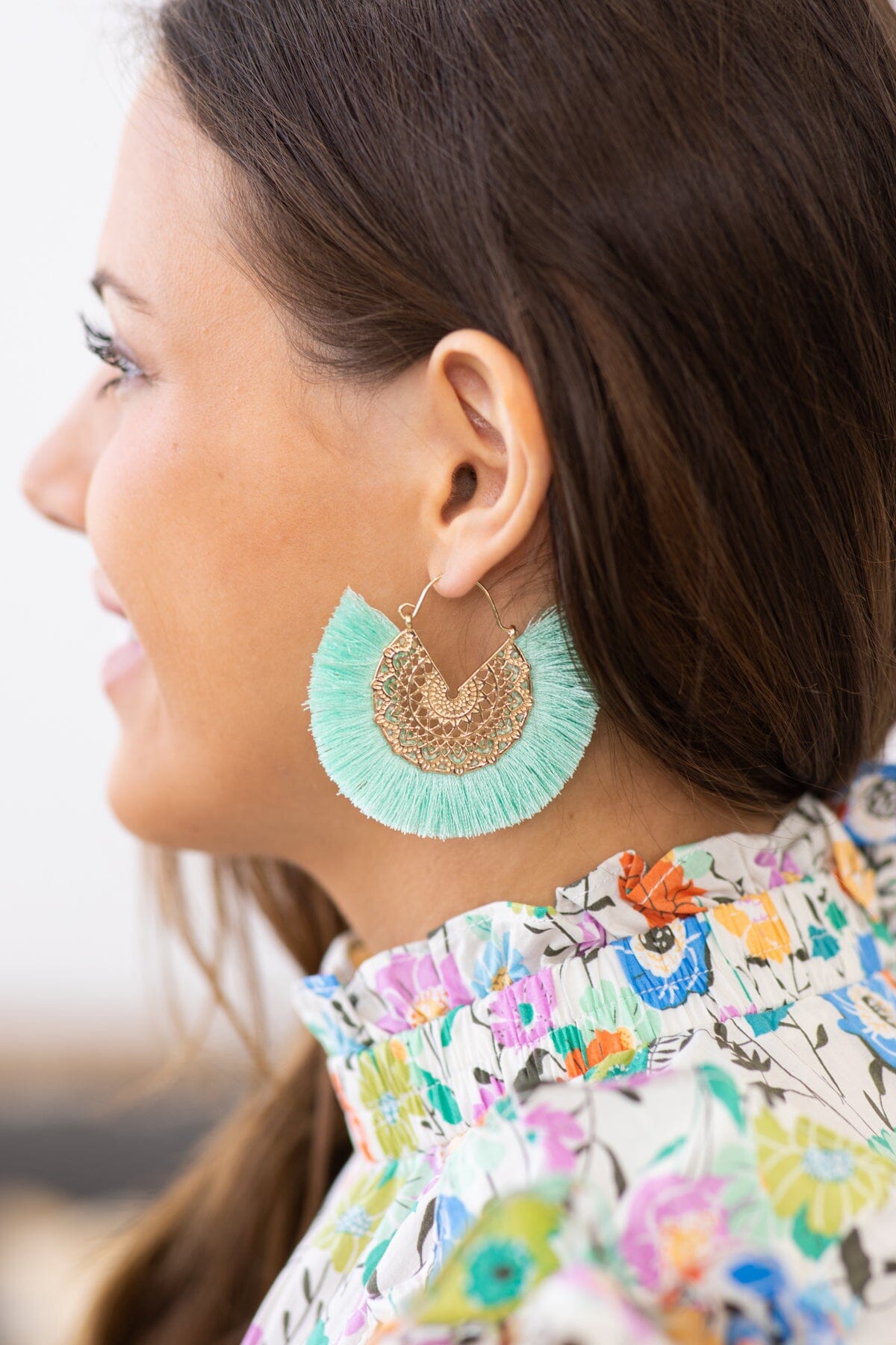 Mint and Gold Round Fan Tassel Earrings
