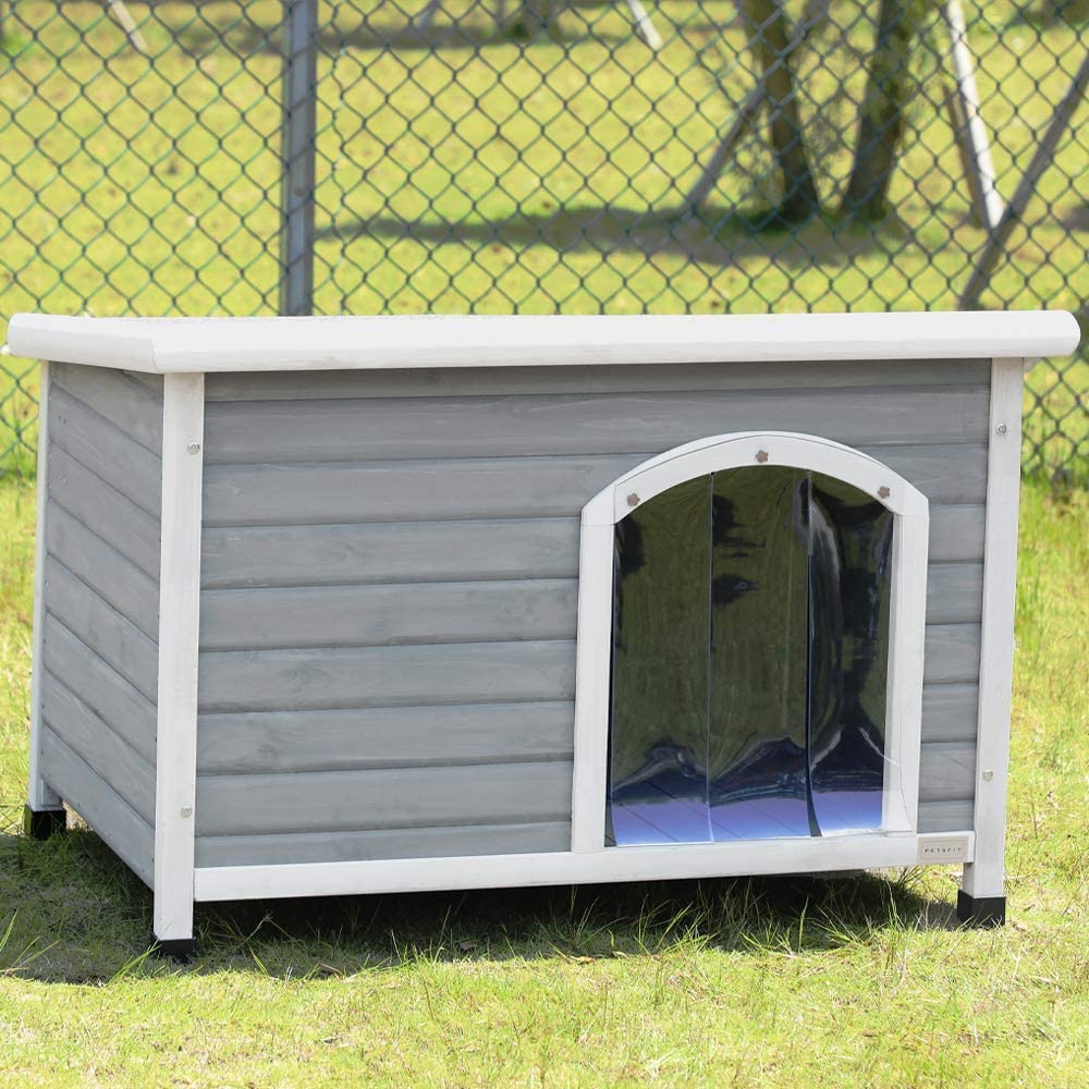 Wooden Dog House，Outdoor Pet Kennel， Solid Wood， Weather Proof， Light Grey， Medium/40.8 X 26 X 27.6 Inch