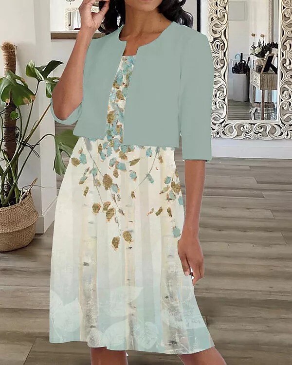 Two-Piece Women's A Line Dress Set Print Crew Neck Casual